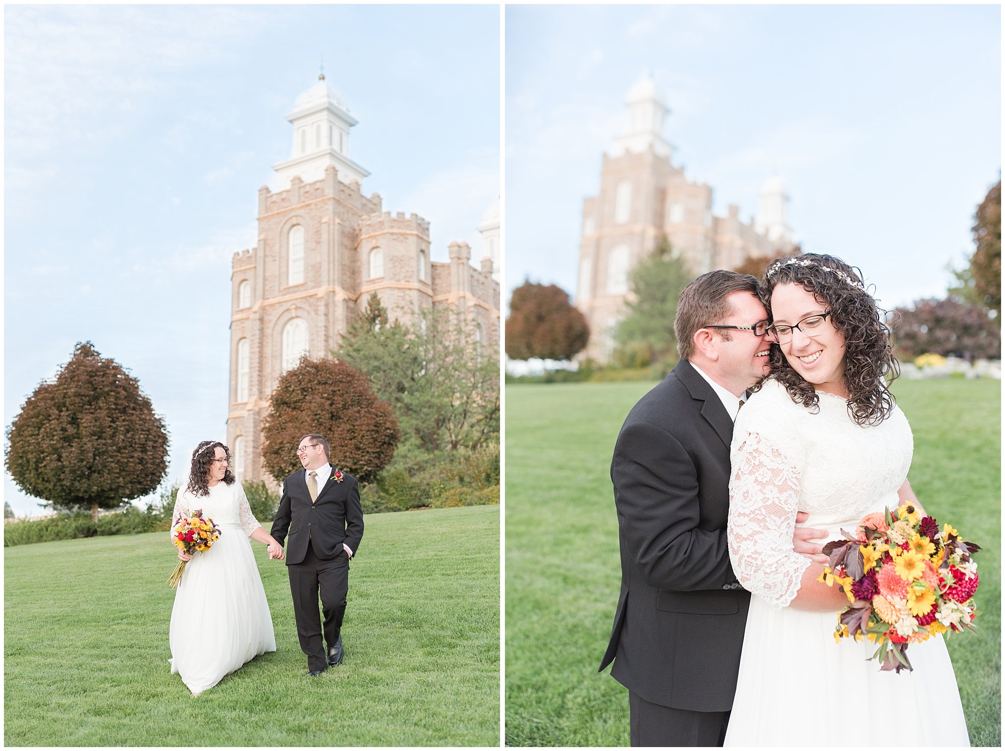 Groom in black suit and gold tie, bride in simple lace sleeve wedding dress with fall bouquet | Logan Temple Fall Formal Session | Jessie and Dallin Photography