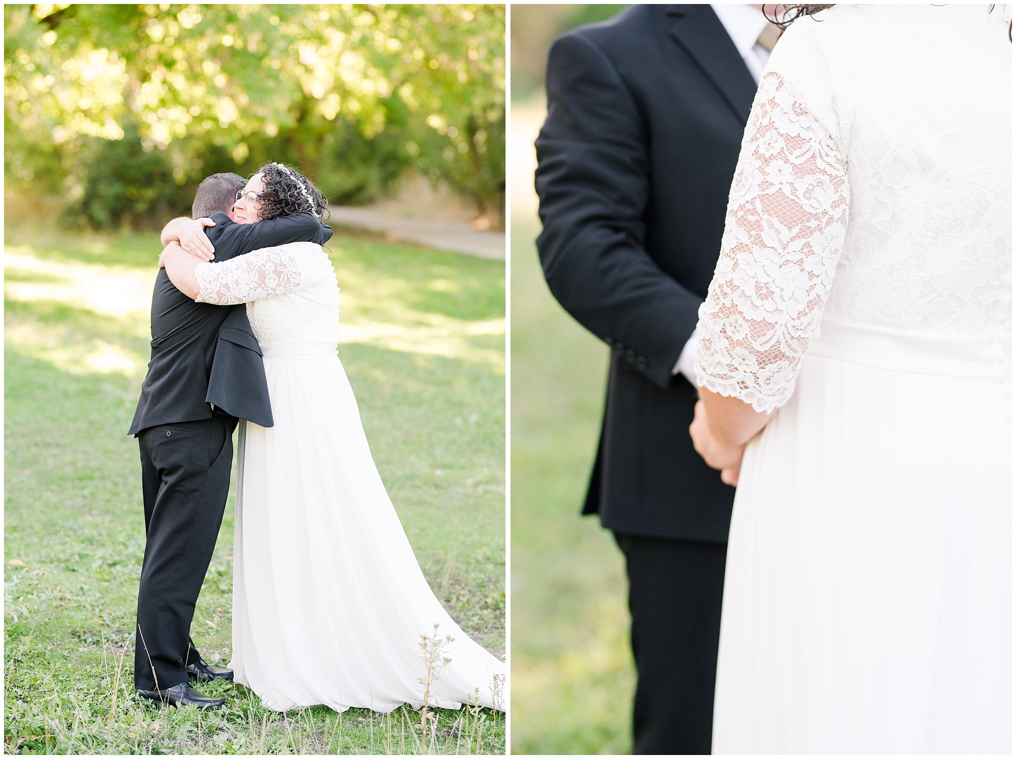Groom hugs bride during first look | Logan Temple Fall Formal Session | Jessie and Dallin Photography