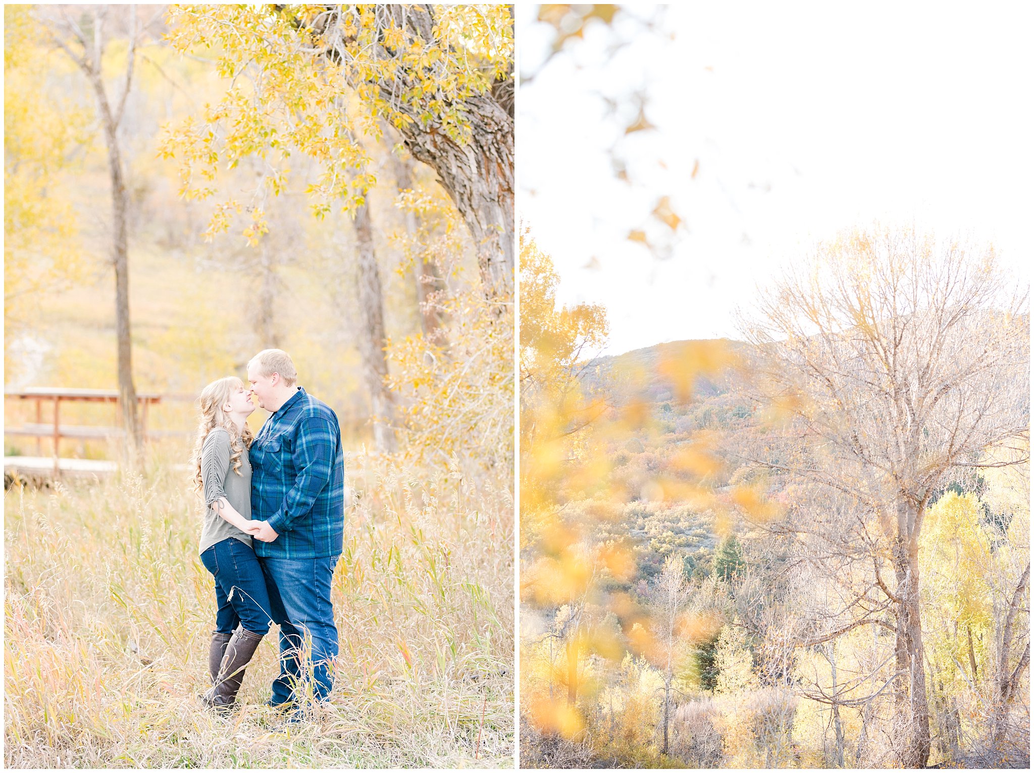 Couple in casual blue and olive green outfit for fall | Trapper's Loop Fall Engagement Session | Snowbasin Utah Mountains | Jessie and Dallin Photography