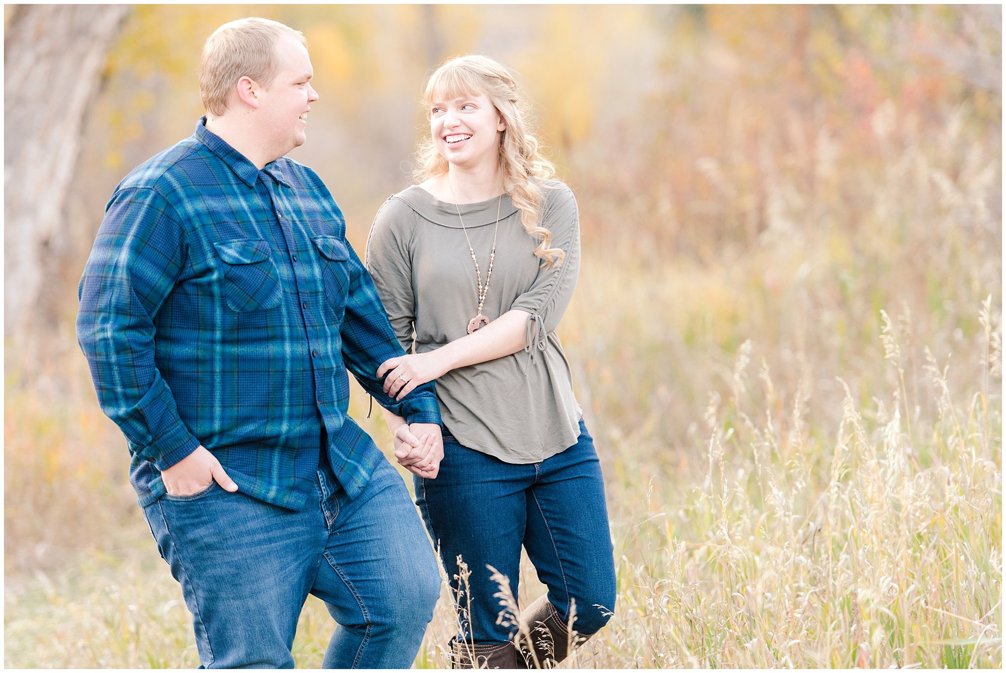 Couple in casual blue and olive green outfit for fall | Trapper's Loop Fall Engagement Session | Snowbasin Utah Mountains | Jessie and Dallin Photography