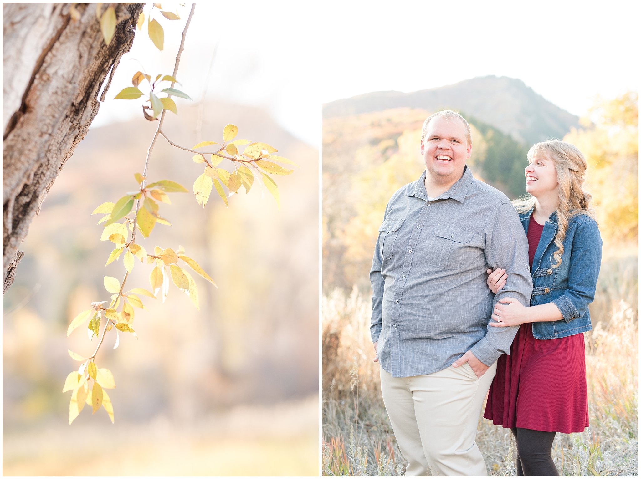 Couple dressed up with girl in burgundy dress with jean jacket and guy in grey shirt and light colored pants | Trapper's Loop Fall Engagement Session | Snowbasin Utah Mountains | Jessie and Dallin Photography