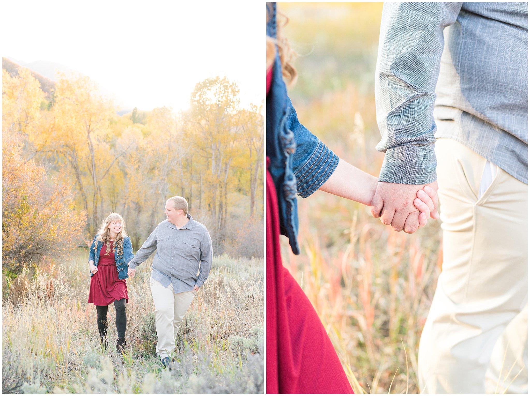 Couple dressed up with girl in burgundy dress with jean jacket and guy in grey shirt and light colored pants | Trapper's Loop Fall Engagement Session | Snowbasin Utah Mountains | Jessie and Dallin Photography