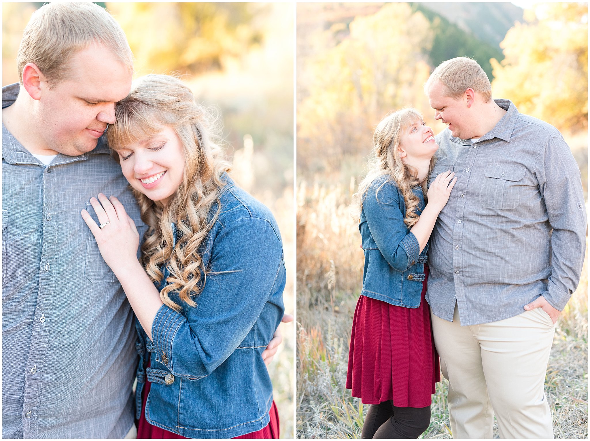 Couple dressed up with girl in burgundy dress with jean jacket and guy in grey shirt and light colored pants | Trapper's Loop Fall Engagement Session | Snowbasin Utah Mountains | Jessie and Dallin Photography