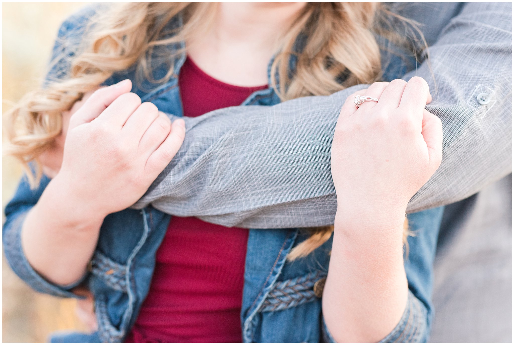 Couple dressed up with girl in burgundy dress with jean jacket and guy in grey shirt and light colored pants | Trapper's Loop Fall Engagement Session | Snowbasin Utah Mountains | Jessie and Dallin Photography