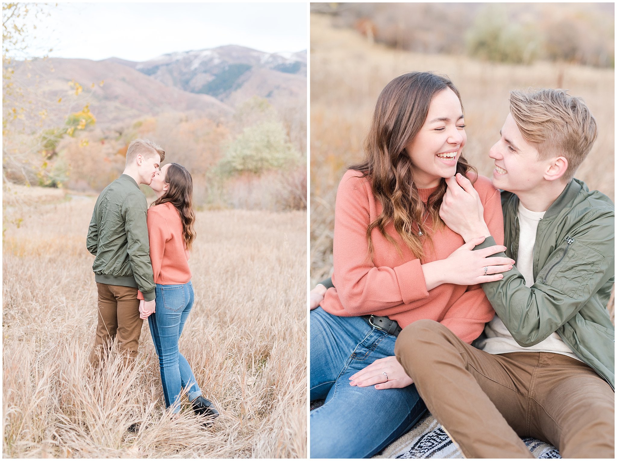 Couple dressed in fall colored sweater, jacket, jeans and boots with snowy mountain views | Kays Creek Parkway Fall Engagement Session | Utah Fall Engagement | Jessie and Dallin Photography