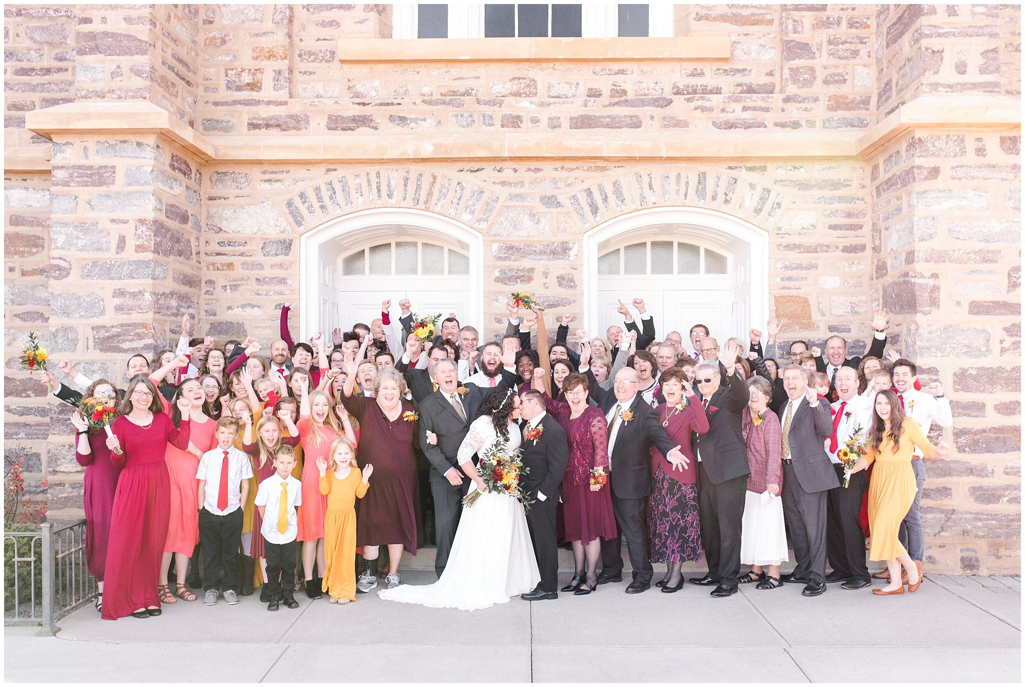 Family portraits and cheering at the Logan Temple | Logan Temple Fall Wedding and Logan Country Club Reception | Jessie and Dallin Photography