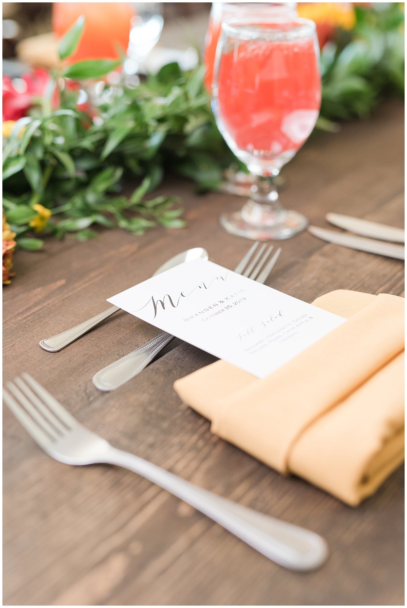 Menu and flowers at Birch Creek Country Club luncheon | Logan Temple Fall Wedding and Logan Country Club Reception | Jessie and Dallin Photography