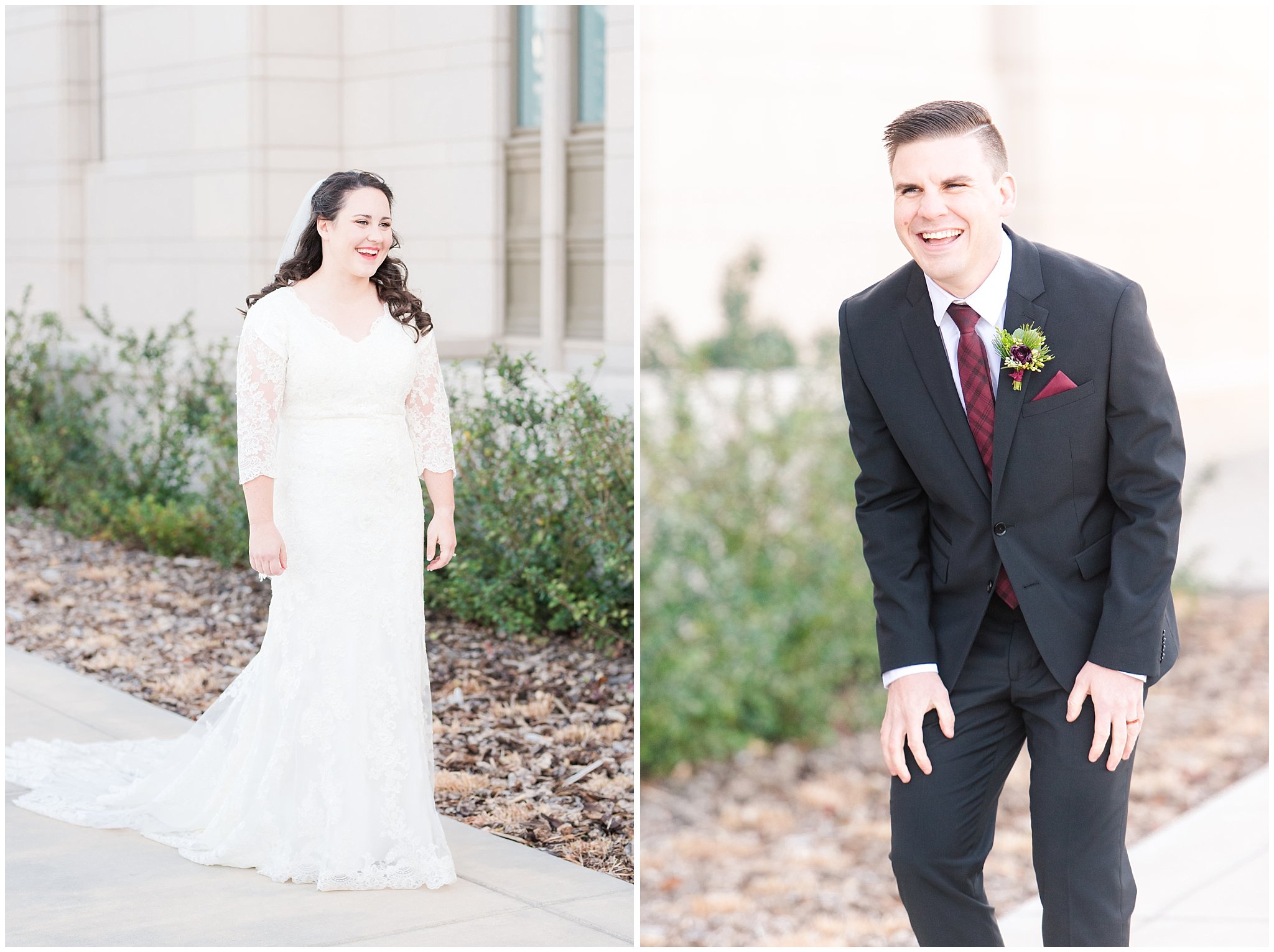 Bride and groom share first look | oquirrh mountain temple winter formal session | Jessie and Dallin Photography