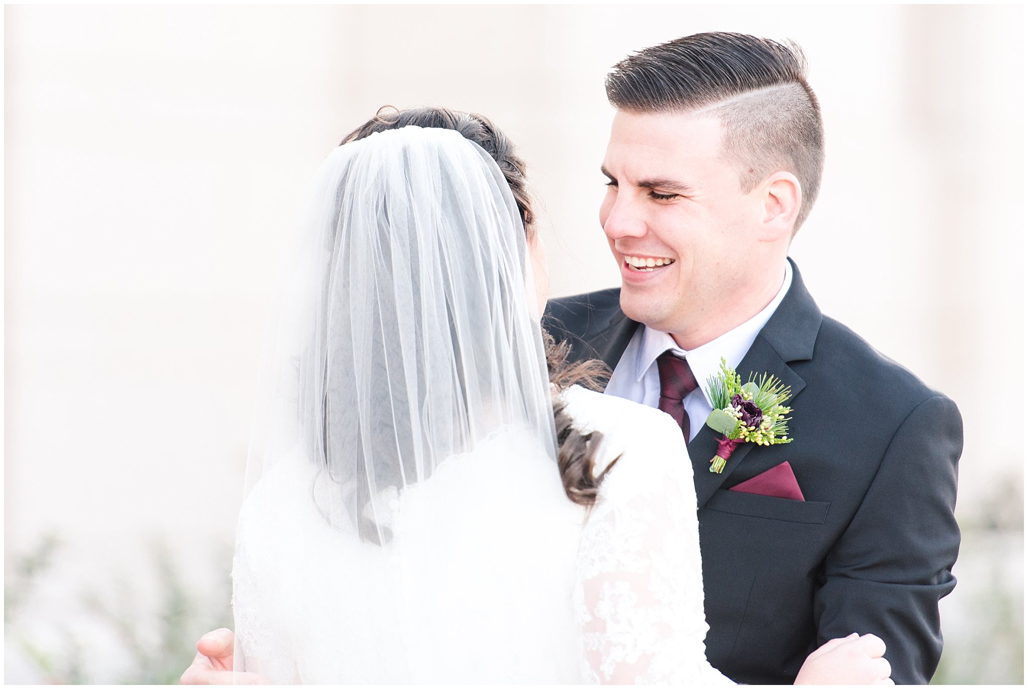 Bride and groom share first look | oquirrh mountain temple winter formal session | Jessie and Dallin Photography