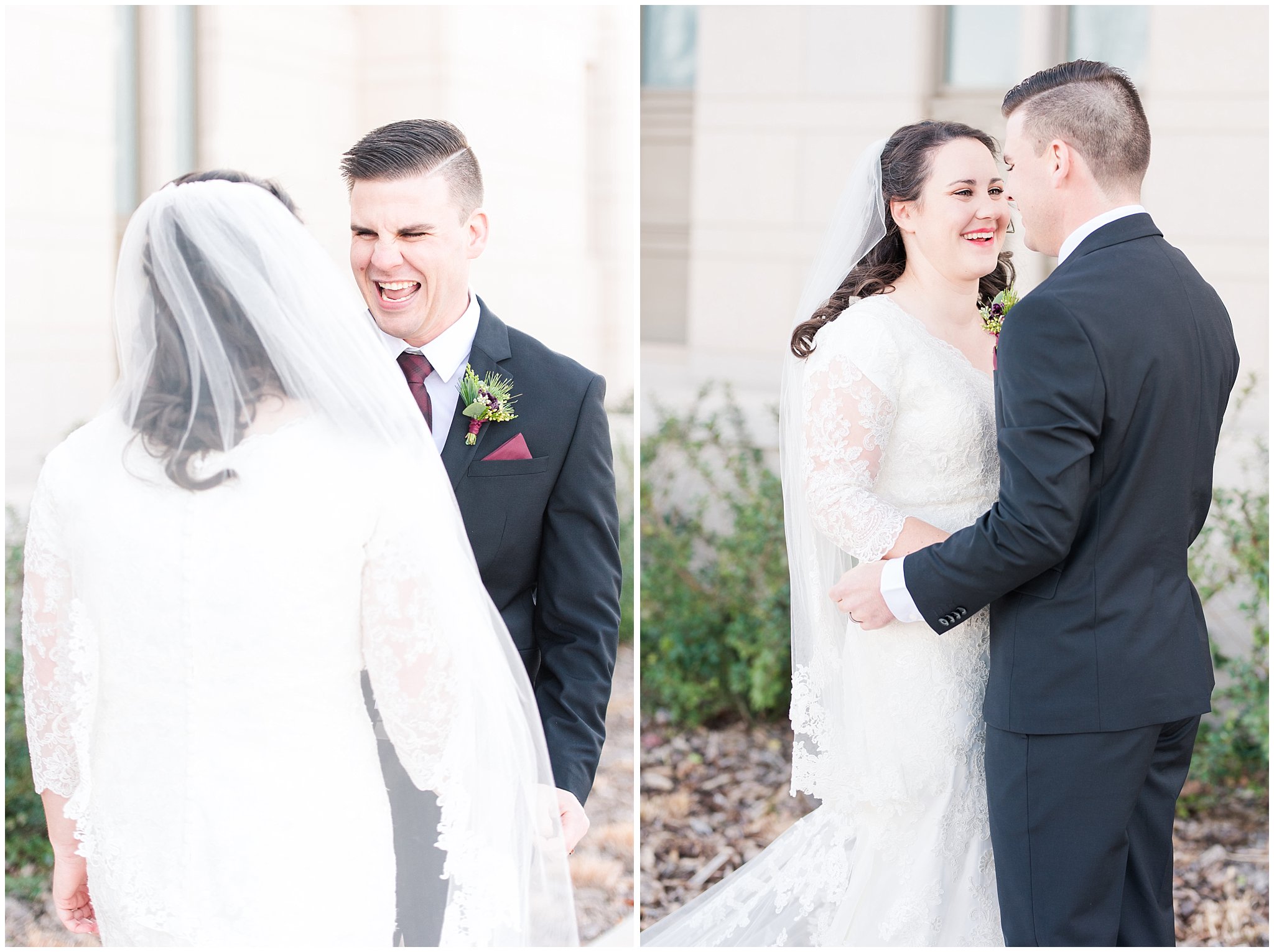 Bride and groom share first look | oquirrh mountain temple winter formal session | Jessie and Dallin Photography