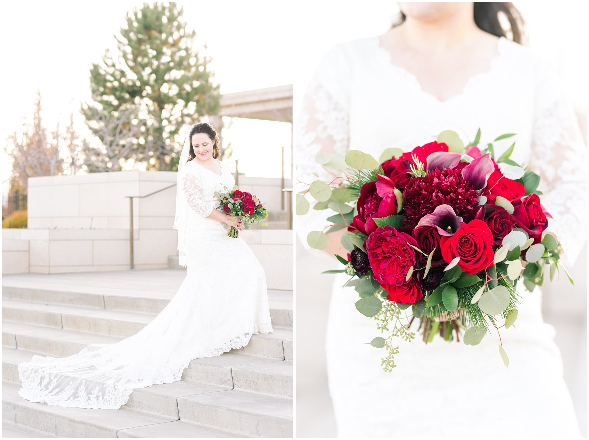 Bride in lace dress and veil with red floral Christmas theme bouquet on steps of the temple | oquirrh mountain temple winter formal session | Jessie and Dallin Photography