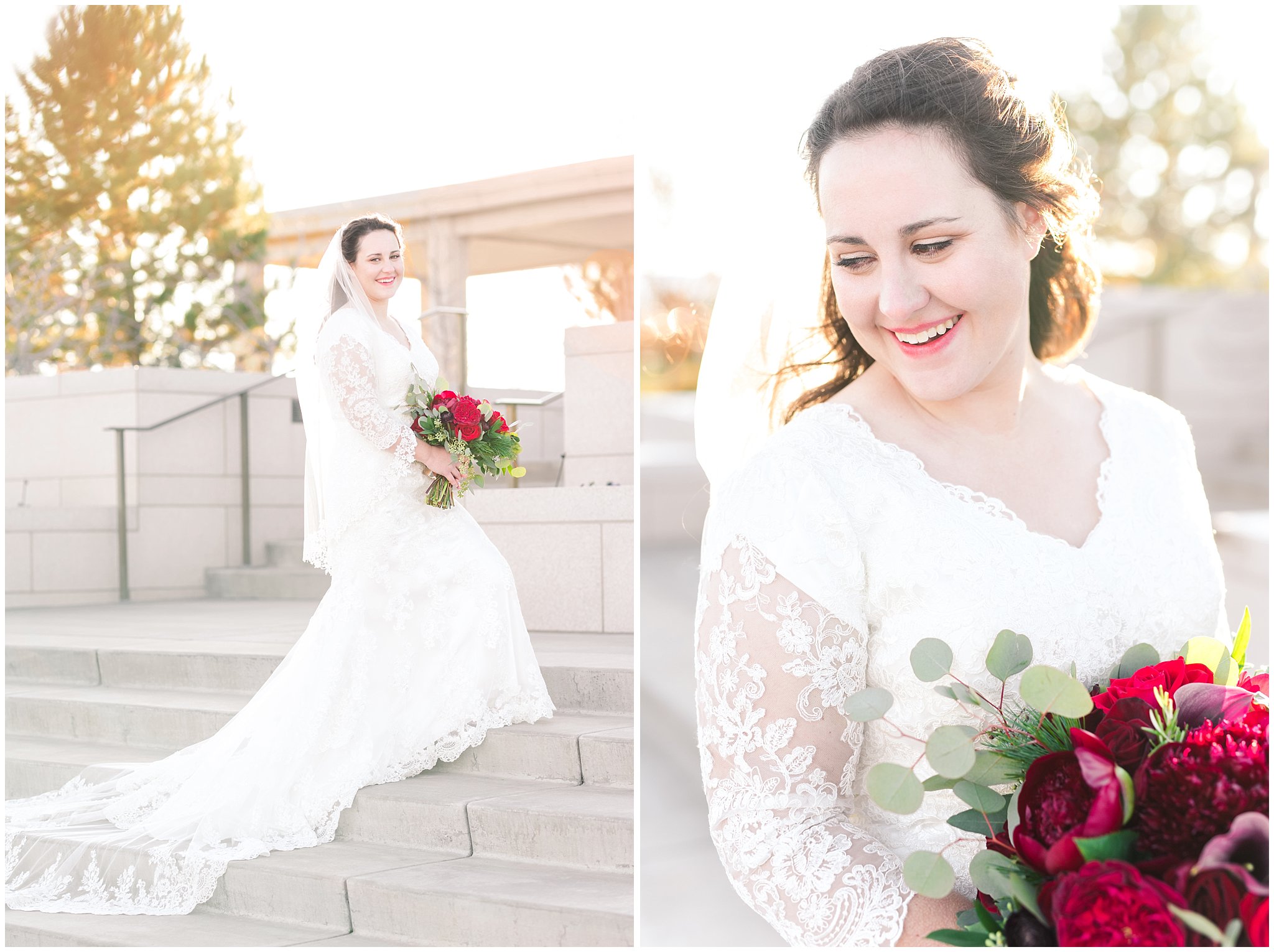 Bride in lace dress and veil with red floral Christmas theme bouquet on steps of the temple | oquirrh mountain temple winter formal session | Jessie and Dallin Photography
