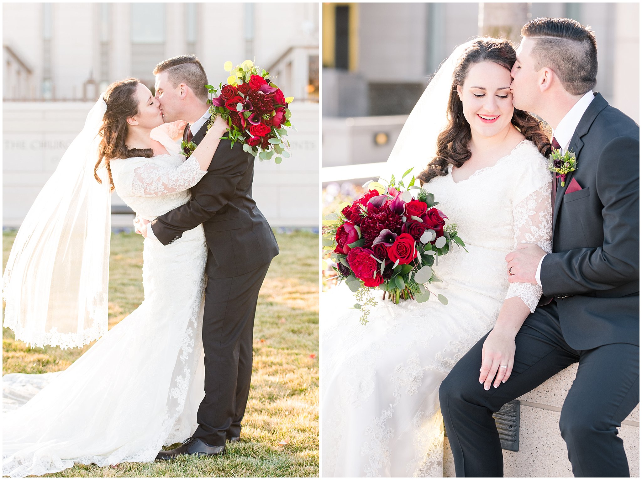 Bride in lace dress and veil with red floral Christmas theme bouquet and groom in black suit with burgundy tie | oquirrh mountain temple winter formal session | Jessie and Dallin Photography