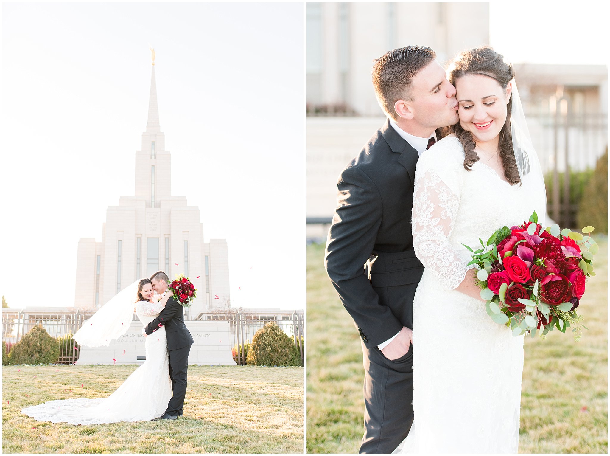 Bride in lace dress and veil with red floral Christmas theme bouquet and groom in black suit with burgundy tie | oquirrh mountain temple winter formal session | Jessie and Dallin Photography