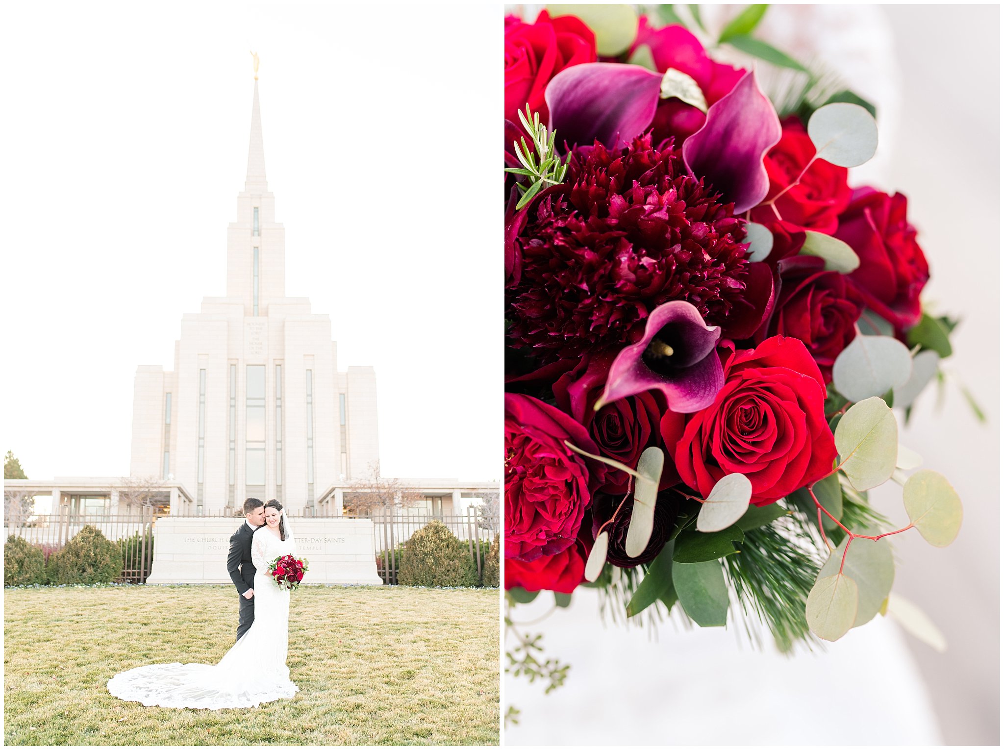 Bride in lace dress and veil with red floral Christmas theme bouquet and groom in black suit with burgundy tie | oquirrh mountain temple winter formal session | Jessie and Dallin Photography