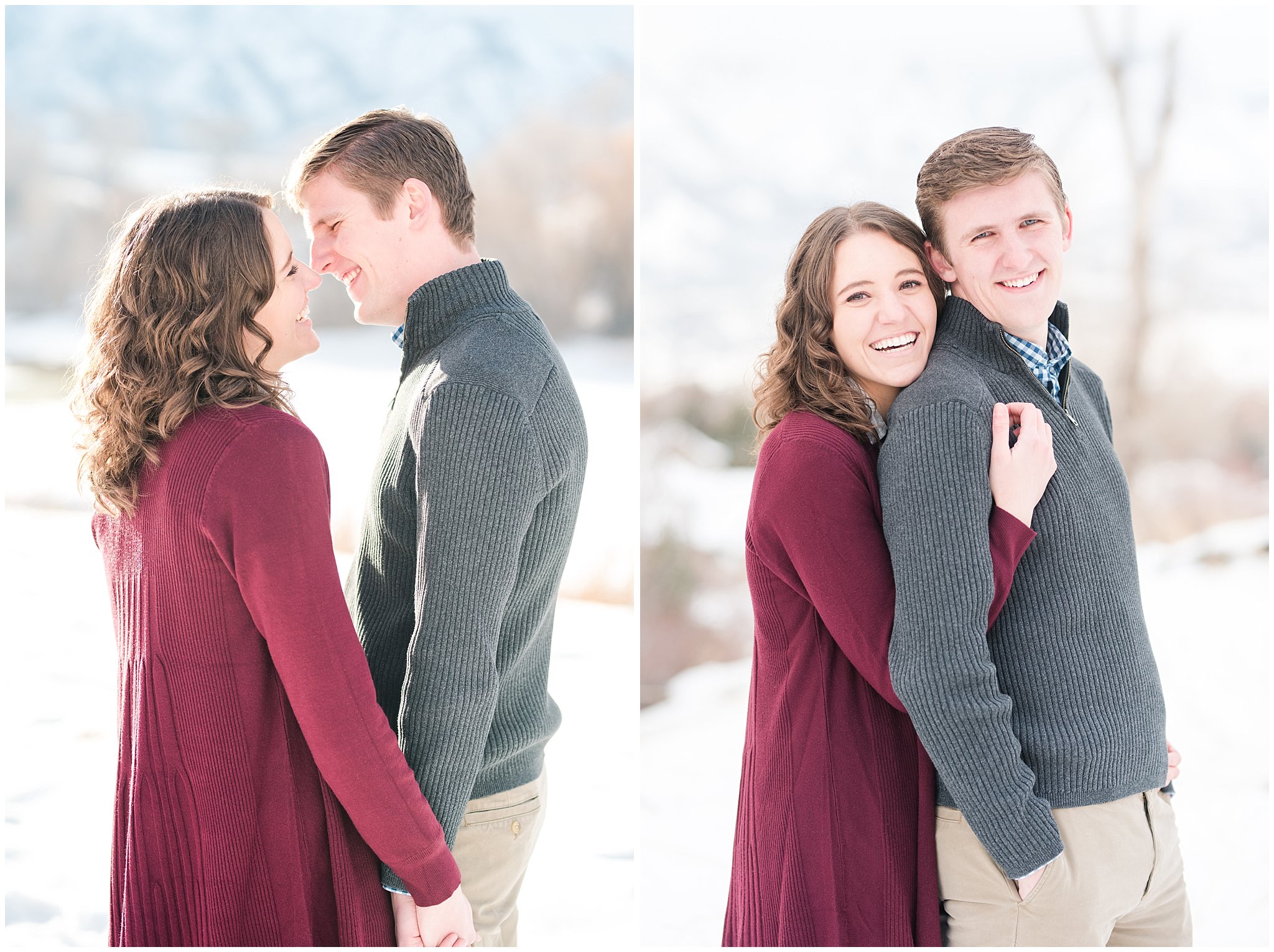 Snowy engagement session with couple in sweaters and boots in the mountains | Snowbasin Winter Engagement Session