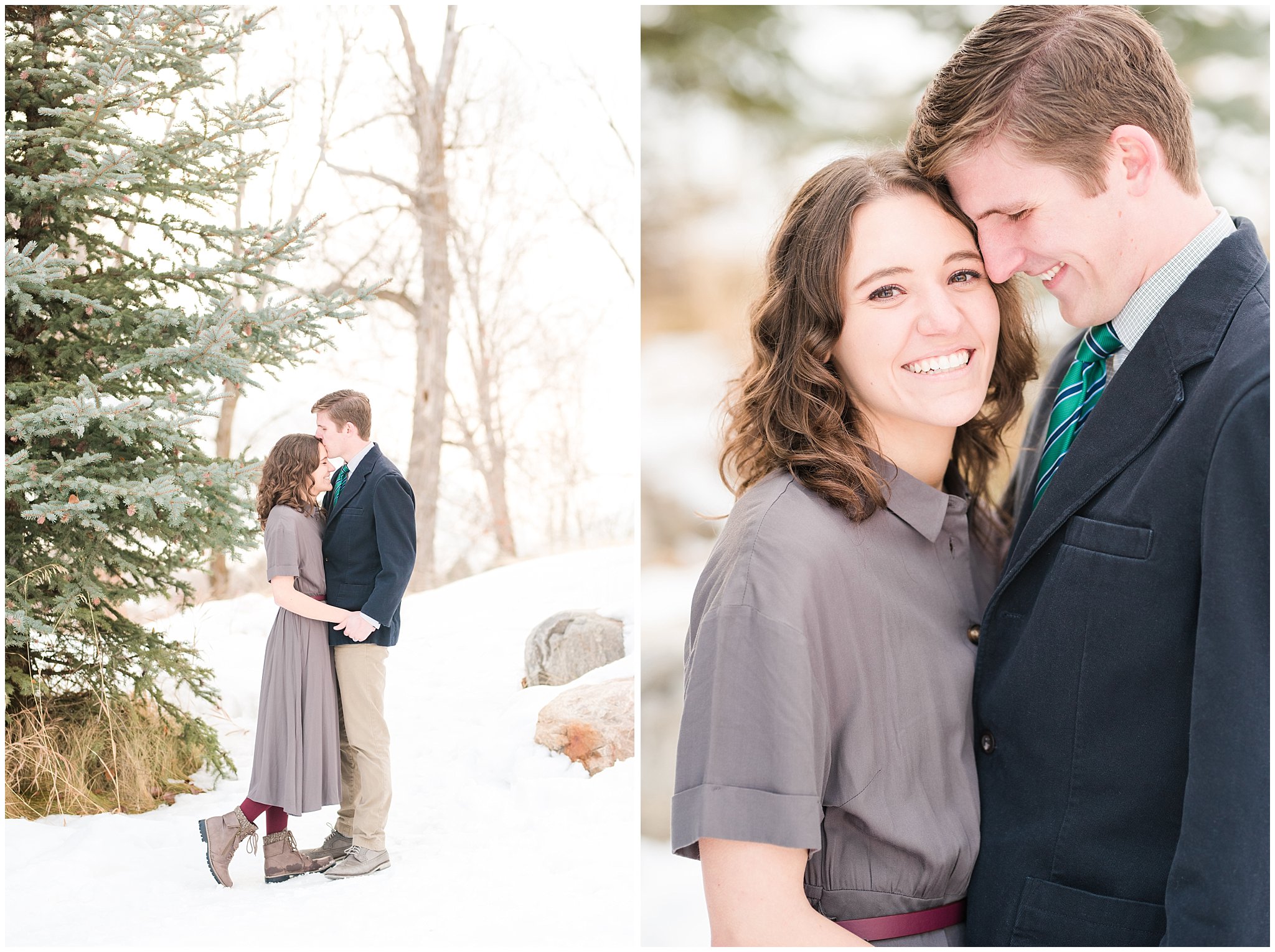 Snowy engagement session with pine trees and couple dressed up in grey dress and navy sport coat in the mountains | Snowbasin Winter Engagement Session