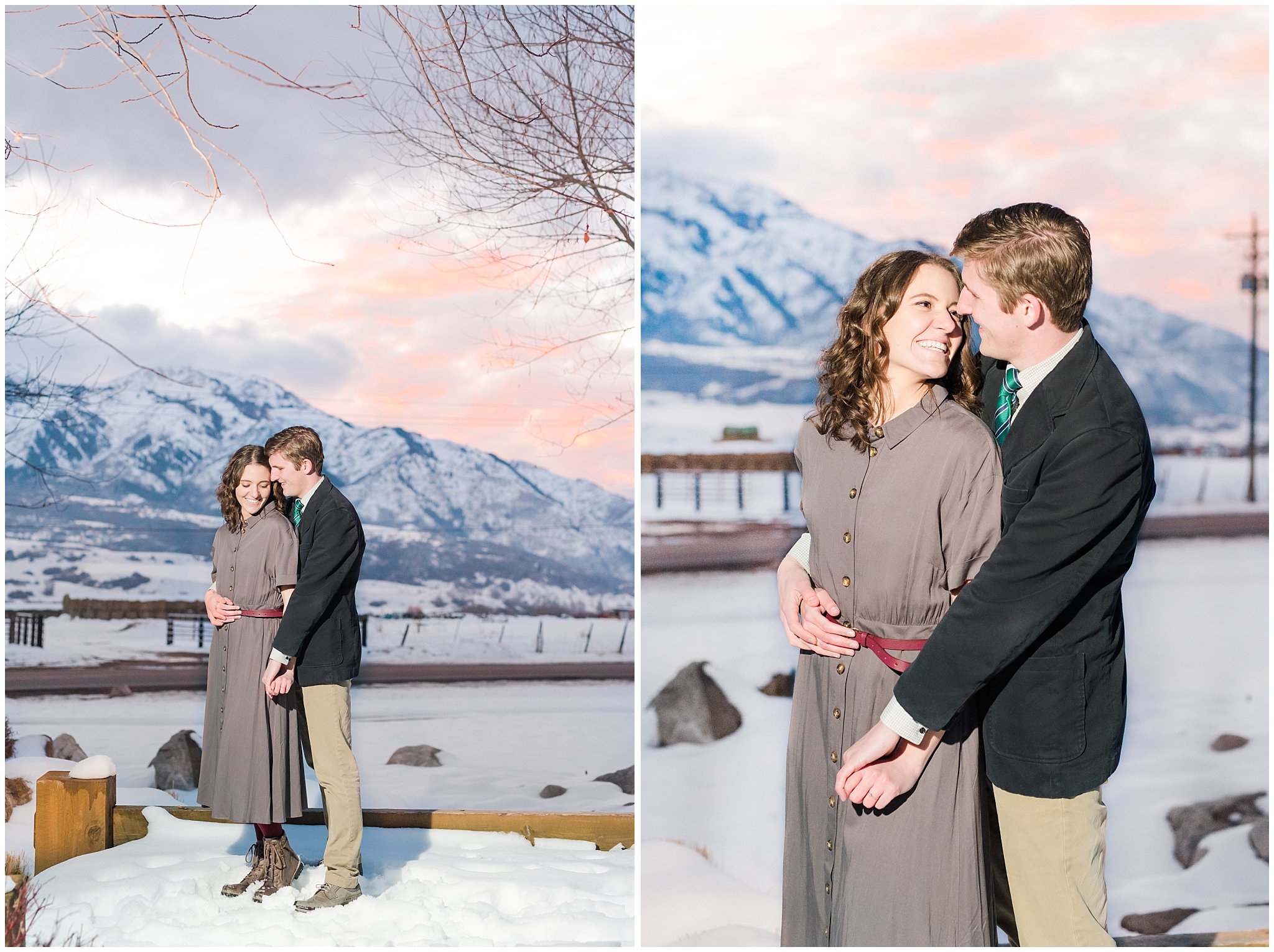 Snowy sunset engagement session with couple dressed up in grey dress and navy sport coat in the mountains | Snowbasin Winter Engagement Session