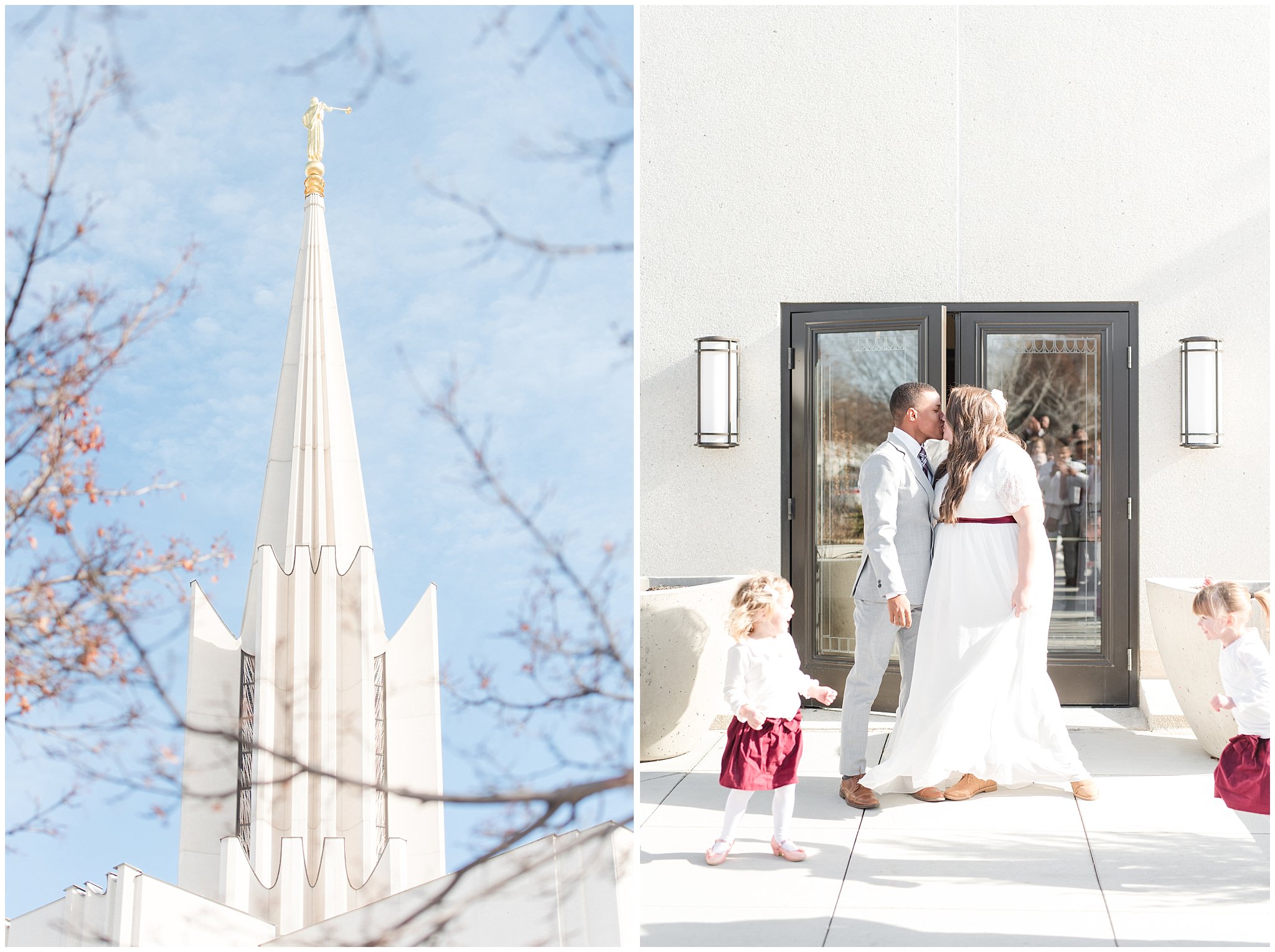 Bride and groom portraits with bride in a dress from Latterdaybride and groom in light grey suit | burgundy and dusty rose bouquet | Jordan River Temple Winter Wedding | Jessie and Dallin Photography