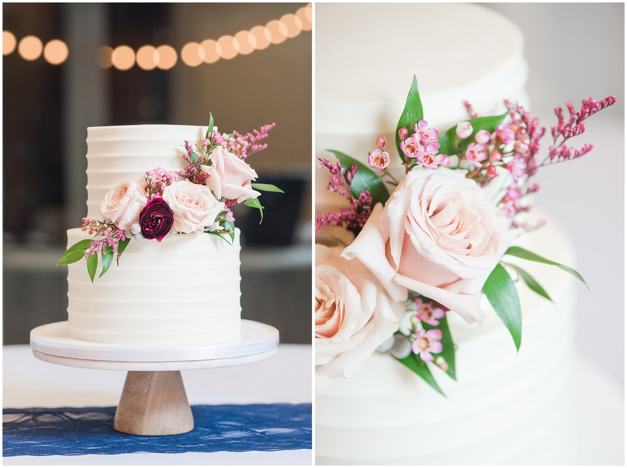 White two tier cake by Sweet Cravings by Marcia with quicksand roses by Dancing Daisies Floral | Jordan River Temple Winter Wedding | Jessie and Dallin Photography