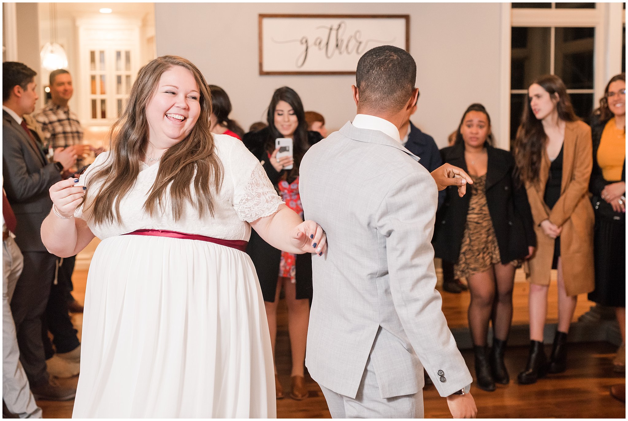 Bride and groom dancing at in home reception | Jordan River Temple Winter wedding and reception | Jessie and Dallin Photography