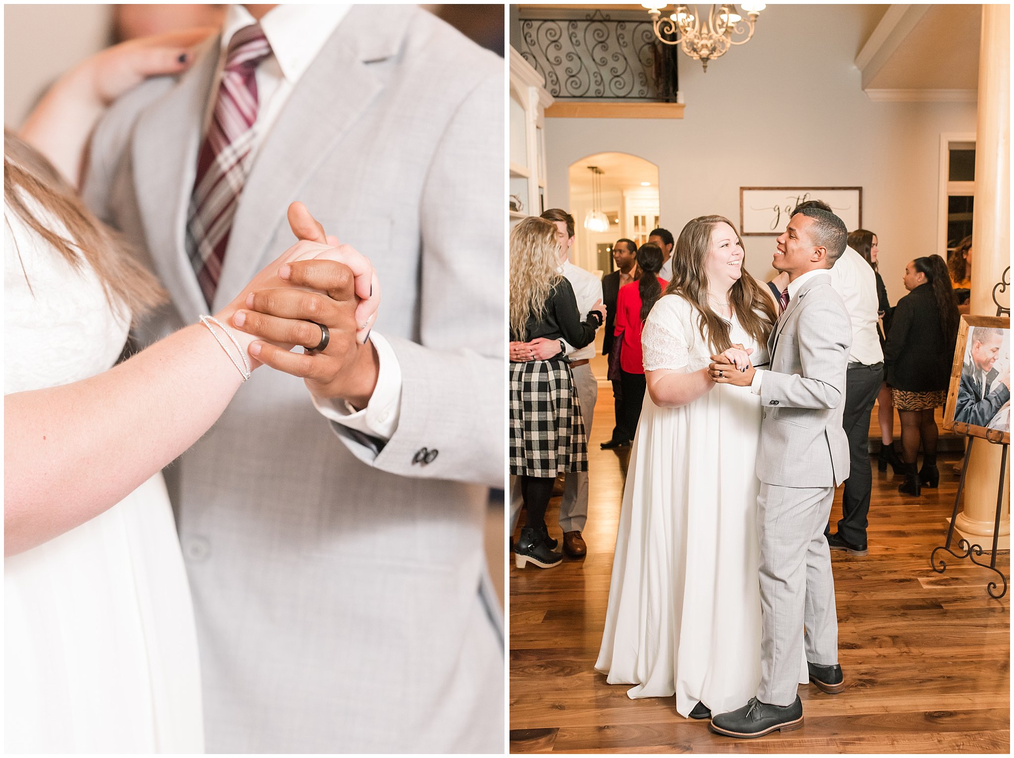 Bride and groom dancing at in home reception | Jordan River Temple Winter wedding and reception | Jessie and Dallin Photography