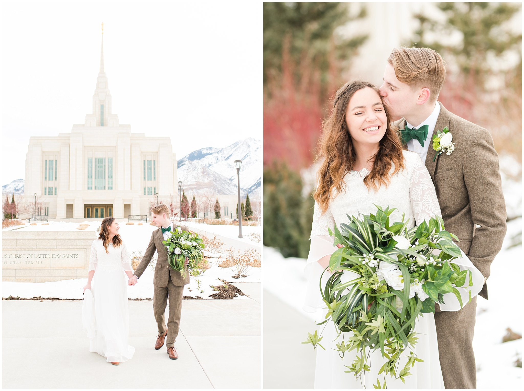 Bride and groom portraits during Ogden Temple winter wedding | Brown, Emerald Green, and white wedding | Ogden Temple and Sweet Magnolia Wedding | Jessie and Dallin Photography