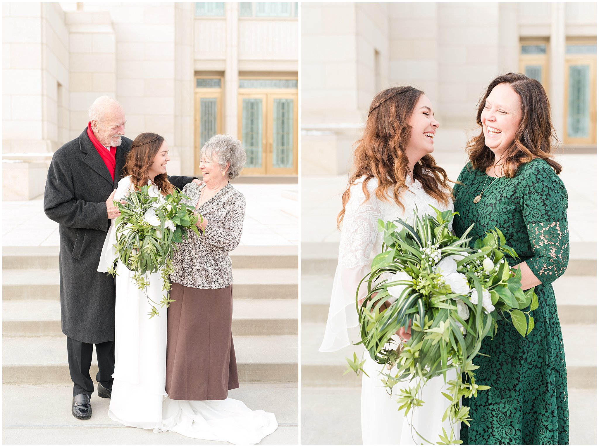 Family portraits during Ogden Temple winter wedding | Brown, Emerald Green, and white wedding | Ogden Temple and Sweet Magnolia Wedding | Jessie and Dallin Photography