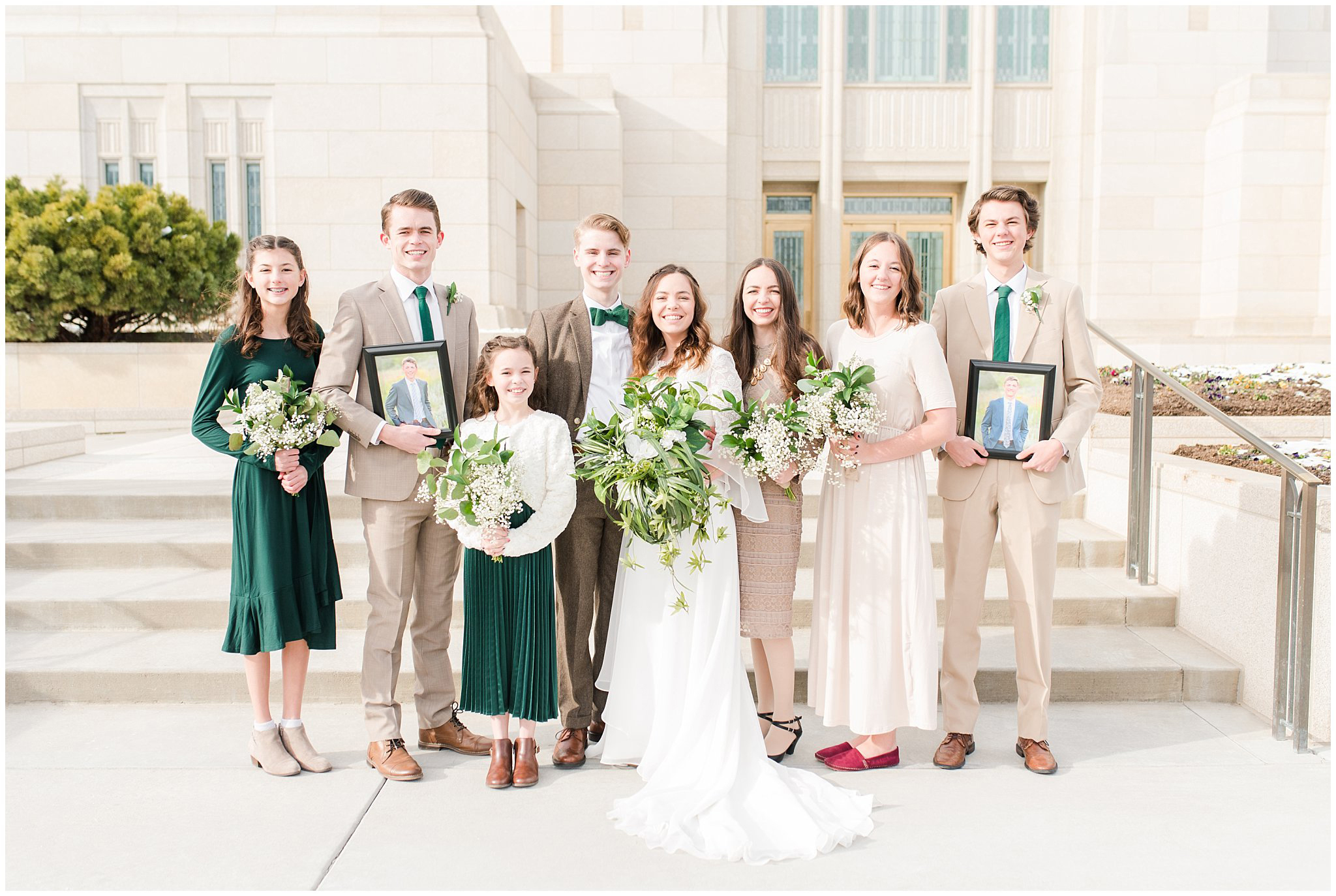 Family portraits during Ogden Temple winter wedding | Brown, Emerald Green, and white wedding | Ogden Temple and Sweet Magnolia Wedding | Jessie and Dallin Photography