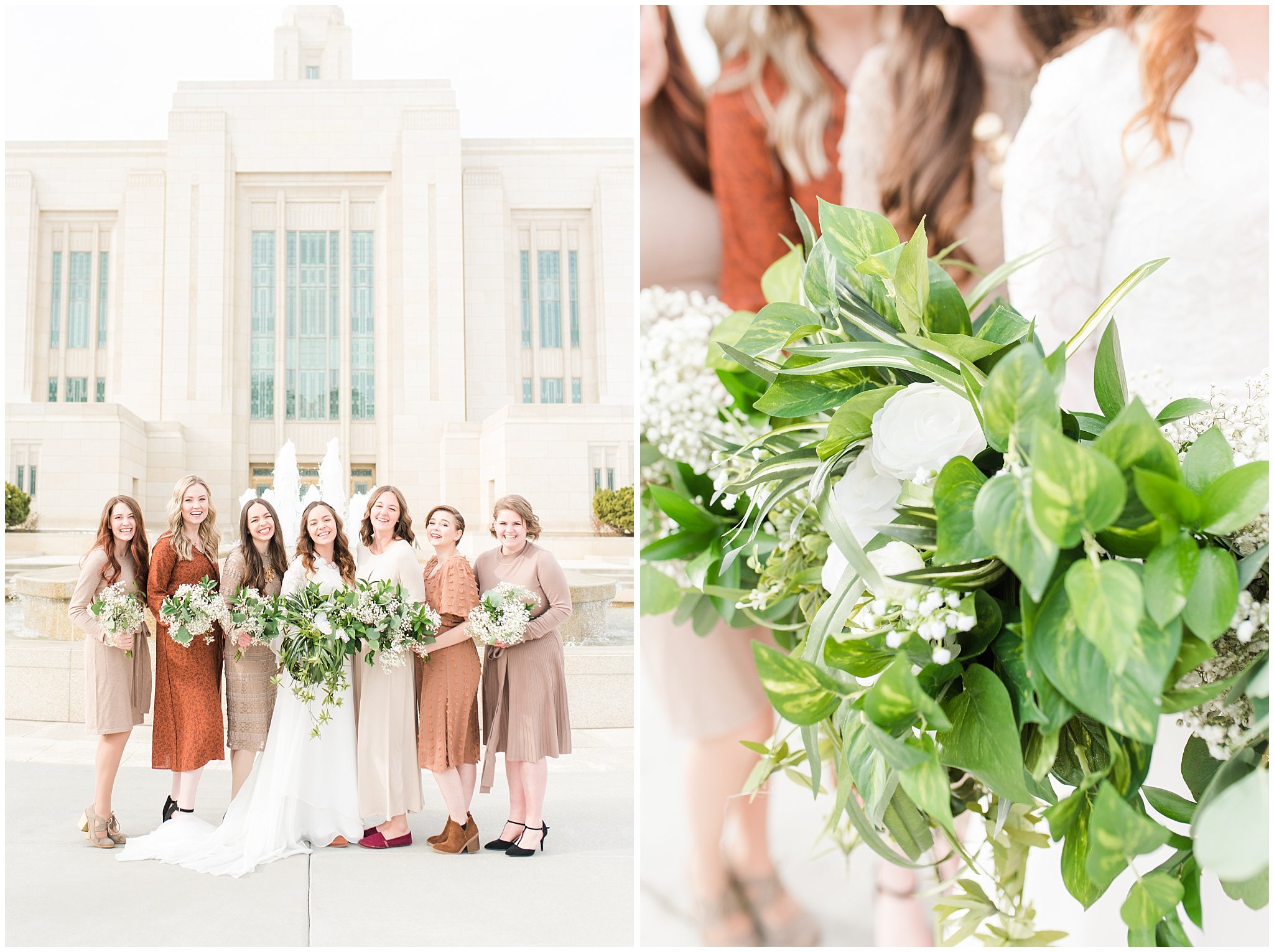 Bridesmaid portraits in shades of brown dresses with green and white florals during Ogden Temple winter wedding | Brown, Emerald Green, and white wedding | Ogden Temple and Sweet Magnolia Wedding | Jessie and Dallin Photography