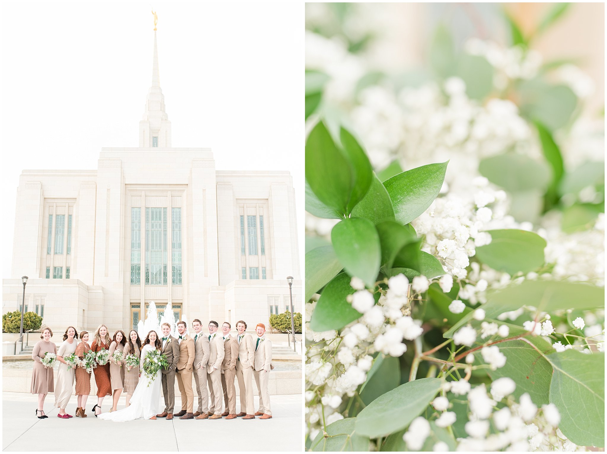 Bridal party portraits with green and white florals during Ogden Temple winter wedding | Brown, Emerald Green, and white wedding | Ogden Temple and Sweet Magnolia Wedding | Jessie and Dallin Photography