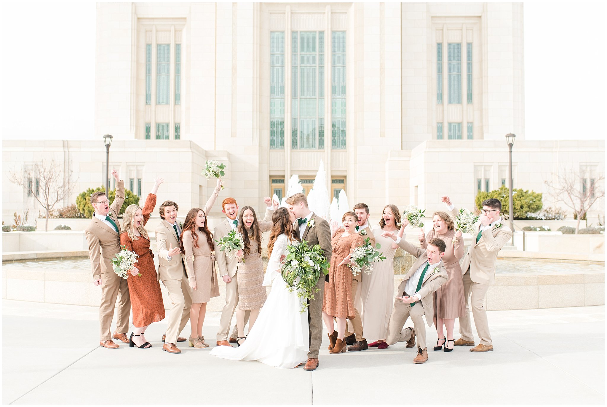 Bridal party portraits with green and white florals during Ogden Temple winter wedding | Brown, Emerald Green, and white wedding | Ogden Temple and Sweet Magnolia Wedding | Jessie and Dallin Photography
