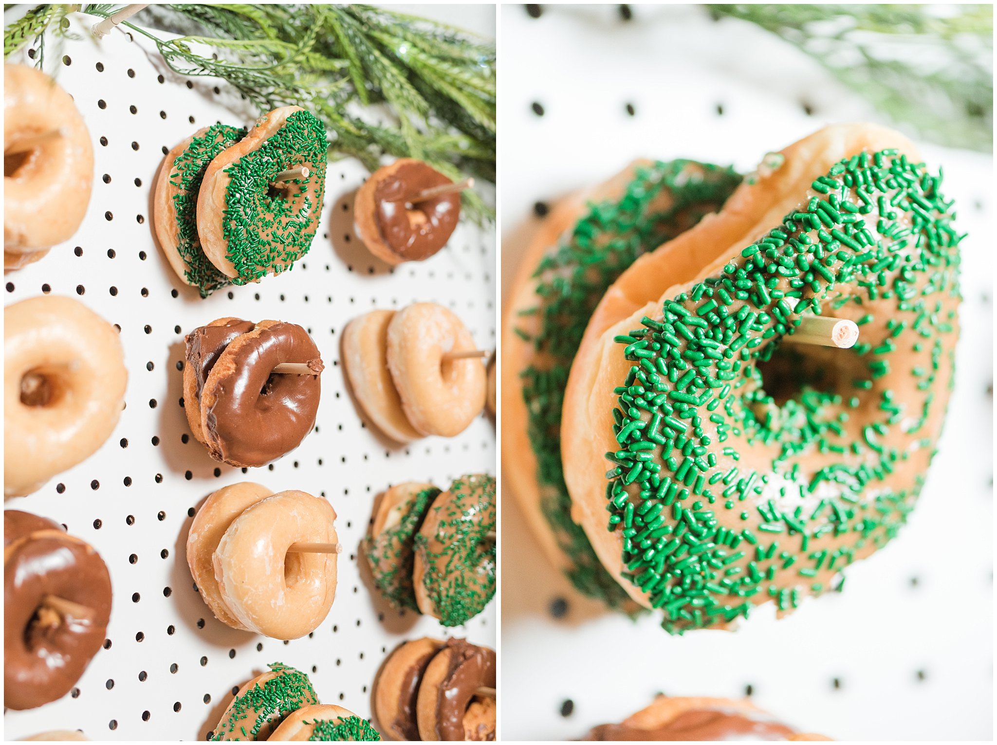 green and brown donuts on donut board at Sweet Magnolia Venues | Brown, Emerald Green, and white wedding | Ogden Temple and Sweet Magnolia Wedding | Jessie and Dallin Photography