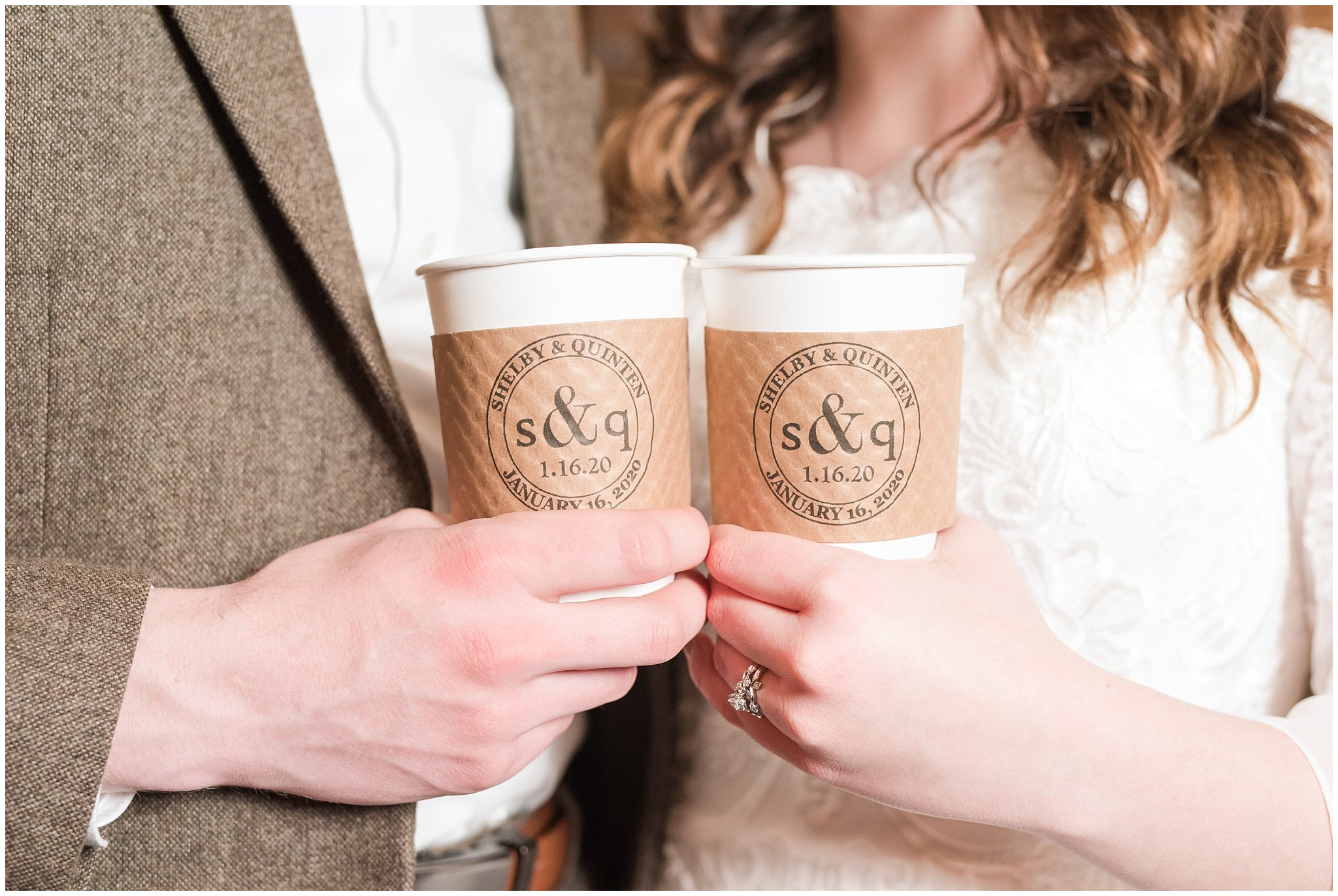 Bride and groom holding monogramed hot chocolate or coffee cups during reception at Sweet Magnolia Venues | Brown, Emerald Green, and white wedding | Ogden Temple and Sweet Magnolia Wedding | Jessie and Dallin Photography