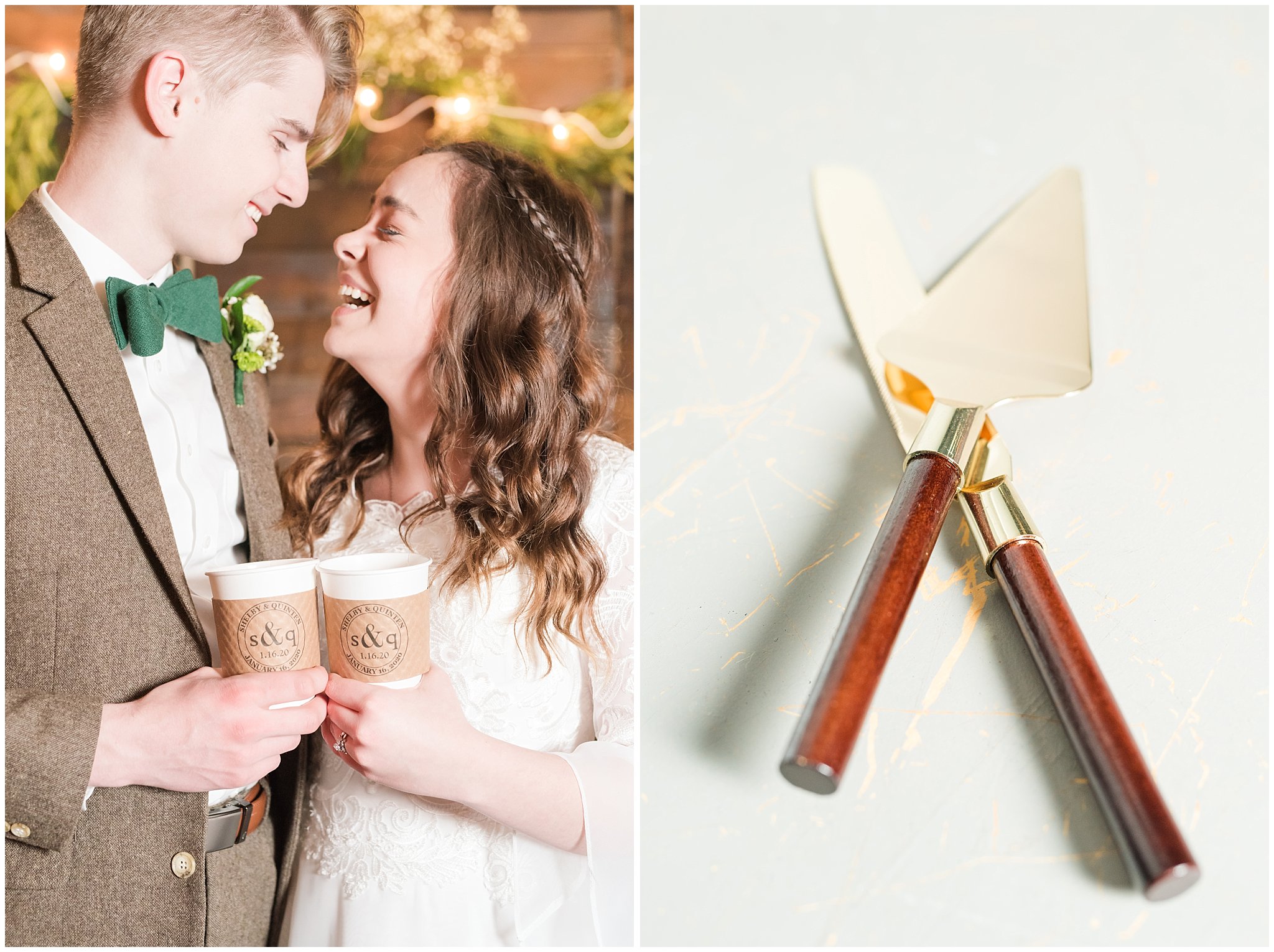 Bride and groom holding monogramed hot chocolate or coffee cups during reception at Sweet Magnolia Venues | Brown, Emerald Green, and white wedding | Ogden Temple and Sweet Magnolia Wedding | Jessie and Dallin Photography