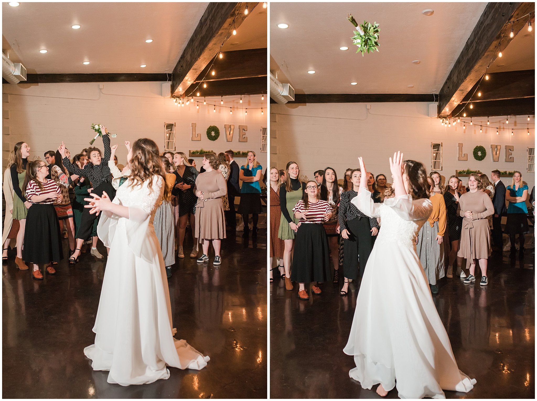 Bouquet toss and reaction during reception at Sweet Magnolia Venues | Brown, Emerald Green, and white wedding | Ogden Temple and Sweet Magnolia Wedding | Jessie and Dallin Photography