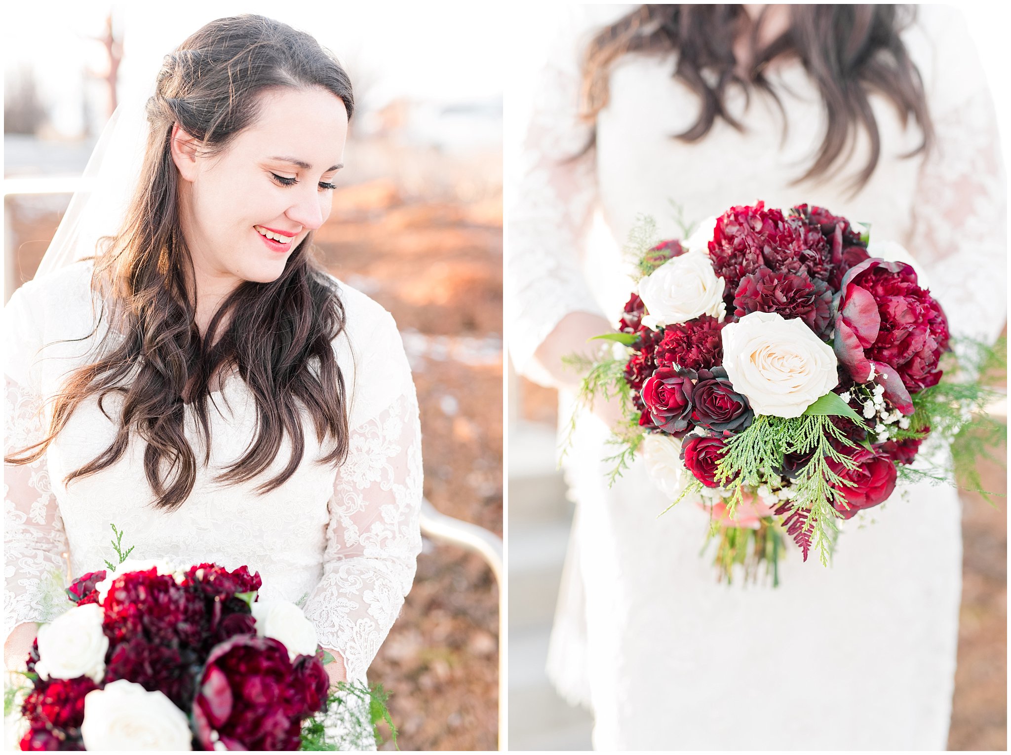 Bridal portrait with a veil, flowy lace dress with red and white bouquet at the Oquirrh Mountain Temple | Oquirrh Mountain Temple and Gardner Village Wedding | The Gathering Place | Jessie and Dallin Photography