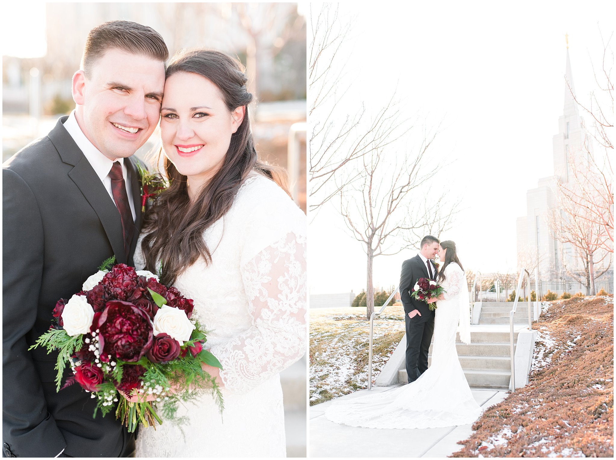 Bride and groom portraits with a veil, flowy lace dress and black suit with red and white bouquet at the Oquirrh Mountain Temple | Oquirrh Mountain Temple and Gardner Village Wedding | The Gathering Place | Jessie and Dallin Photography