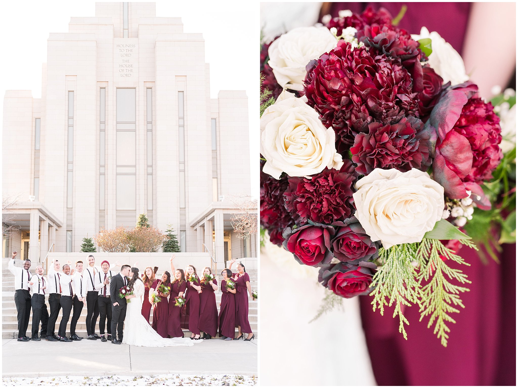 Bridal party portraits in burgundy and black at the Oquirrh Mountain Temple | Oquirrh Mountain Temple and Gardner Village Wedding | The Gathering Place | Jessie and Dallin Photography