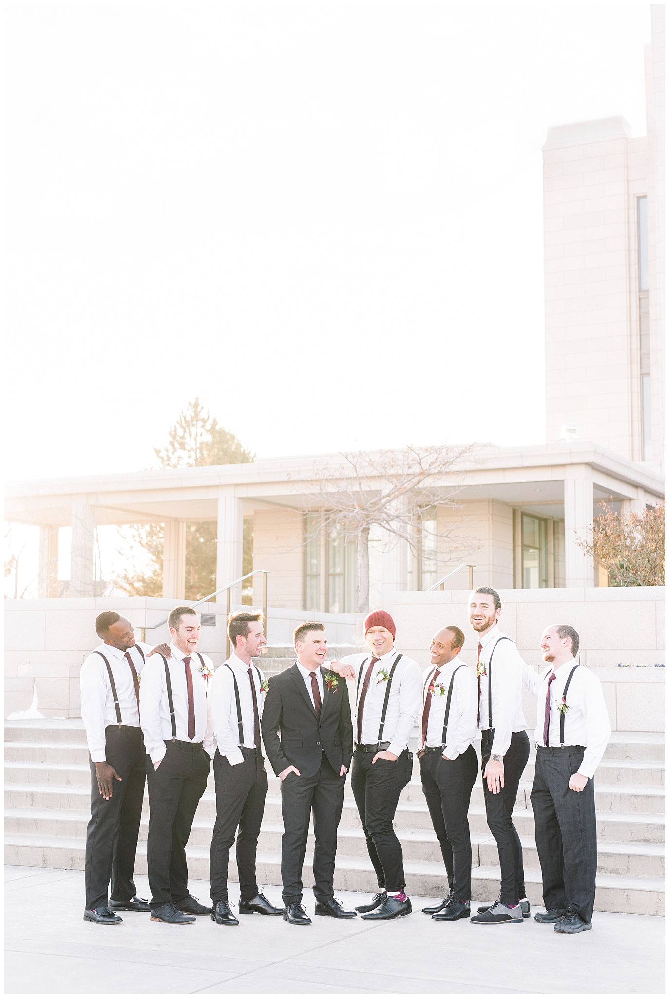 Groomsmen portraits in burgundy and black at the Oquirrh Mountain Temple | Oquirrh Mountain Temple and Gardner Village Wedding | The Gathering Place | Jessie and Dallin Photography