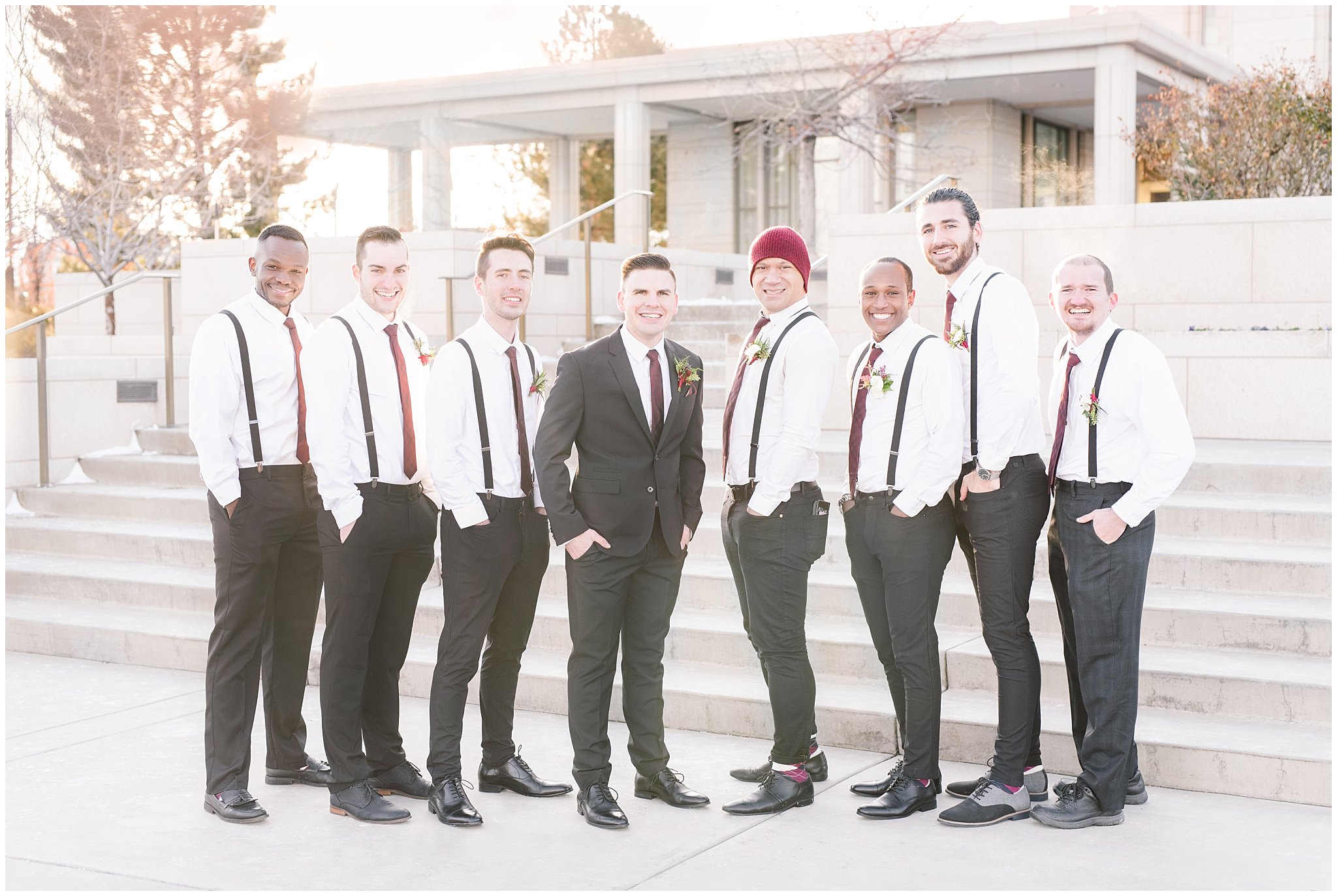 Groomsmen portraits in burgundy and black at the Oquirrh Mountain Temple | Oquirrh Mountain Temple and Gardner Village Wedding | The Gathering Place | Jessie and Dallin Photography