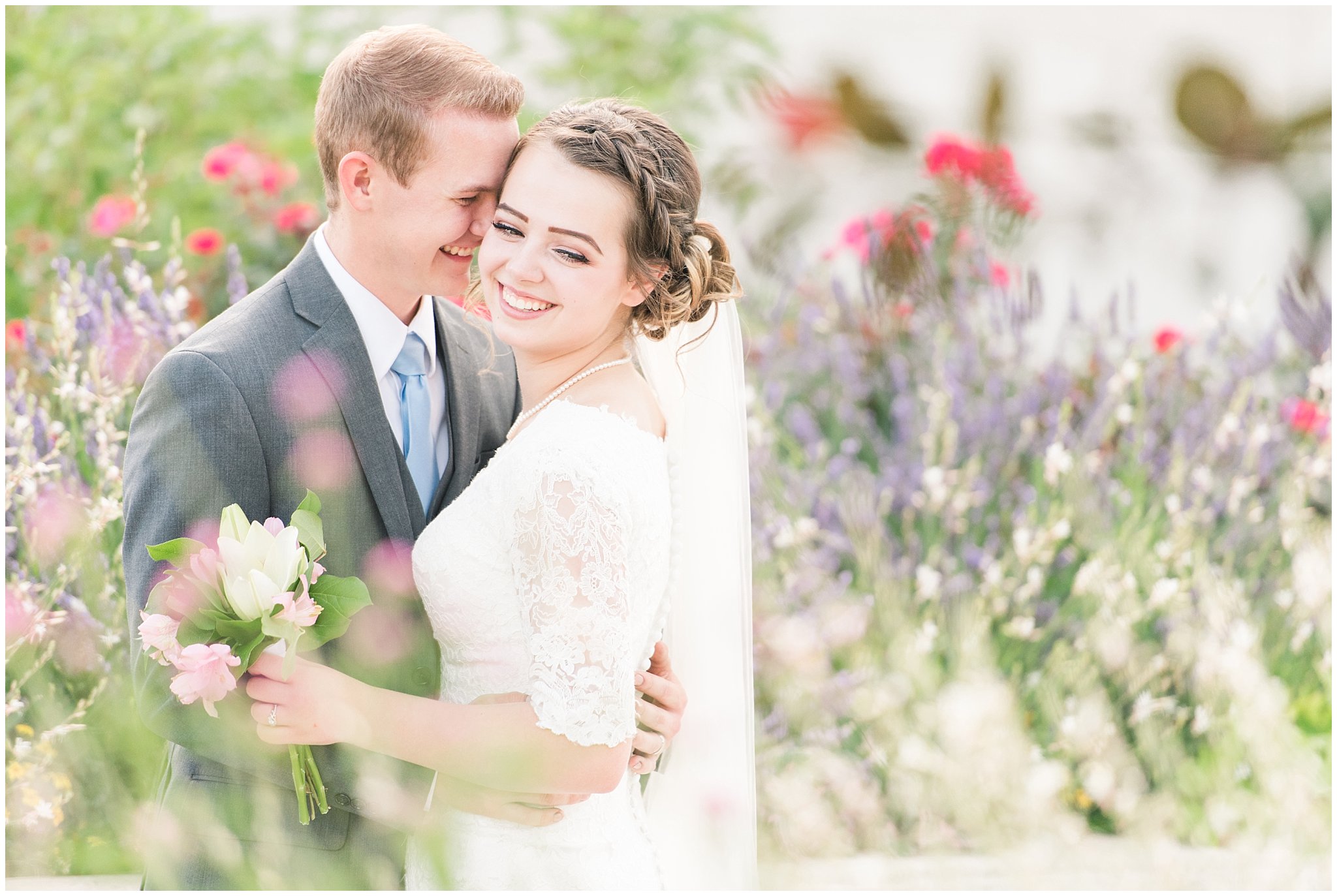Bride and groom in the flowers at the Ogden Temple | Top Utah Wedding and Couples Photos 2019 | Jessie and Dallin Photography