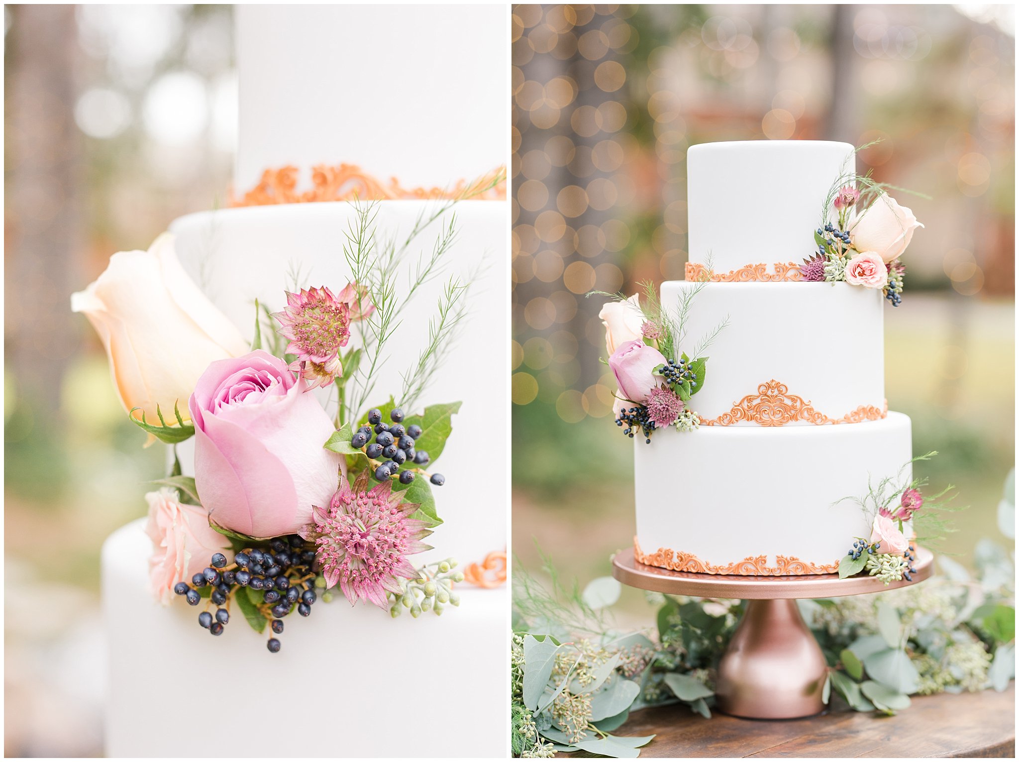 White and copper floral wedding cake | Top Utah Wedding and Couples Photos 2019 | Jessie and Dallin Photography