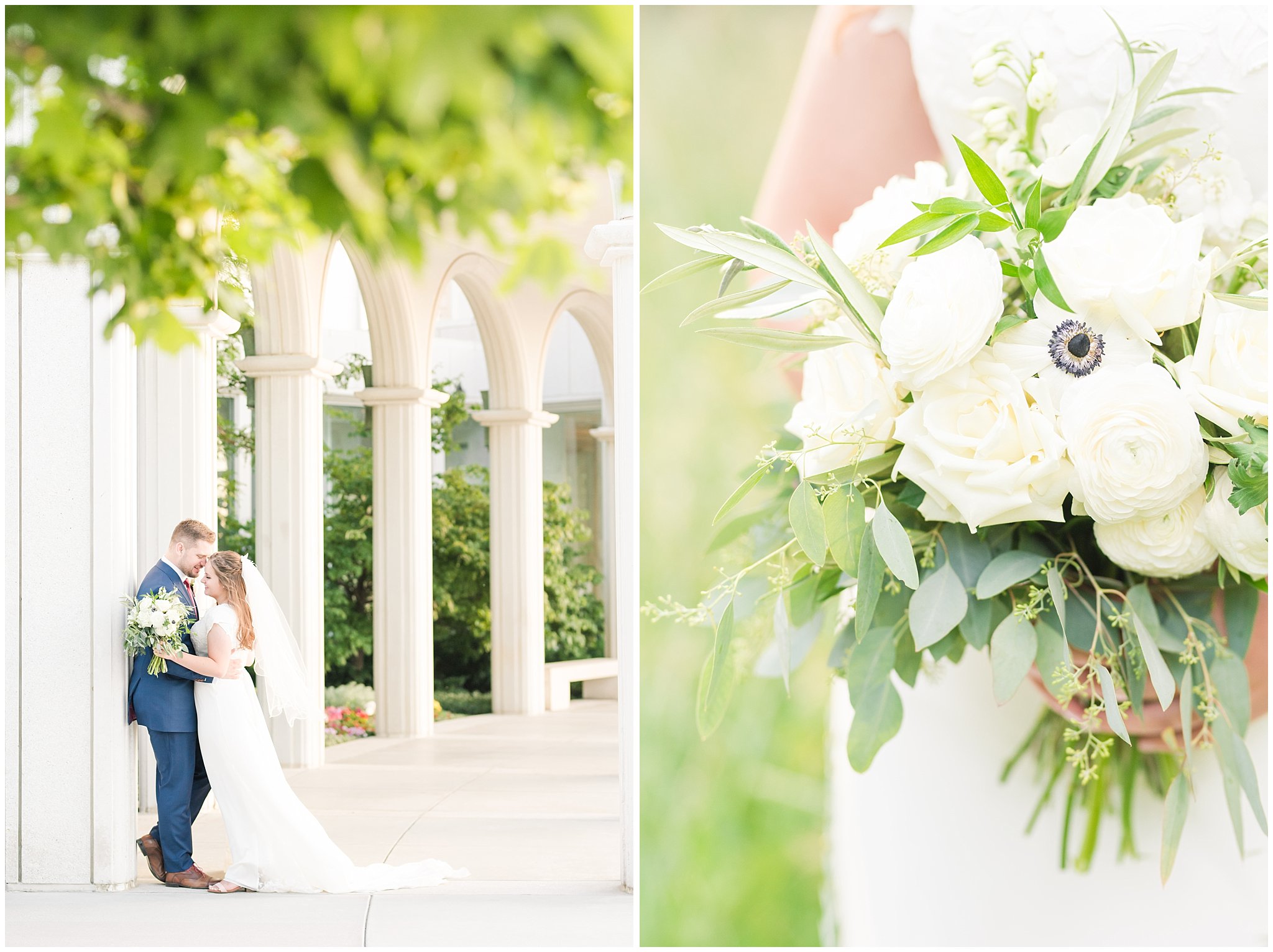 Bride and groom with white florals at the Bountiful Temple | Top Utah Wedding and Couples Photos 2019 | Jessie and Dallin Photography