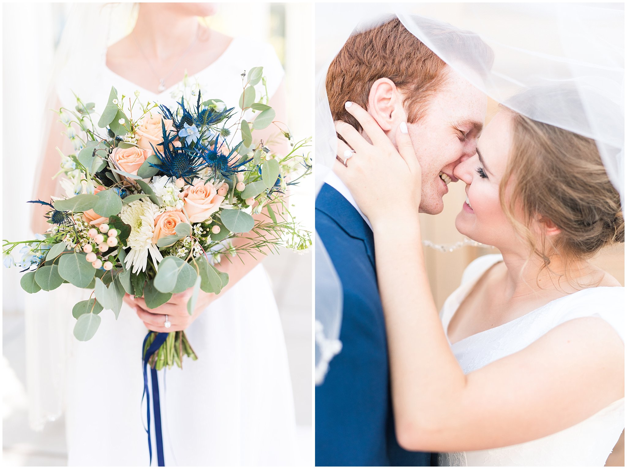 Bride and groom under the veil and white, pink and blue bouquet at the Bountiful Temple | Top Utah Wedding and Couples Photos 2019 | Jessie and Dallin Photography