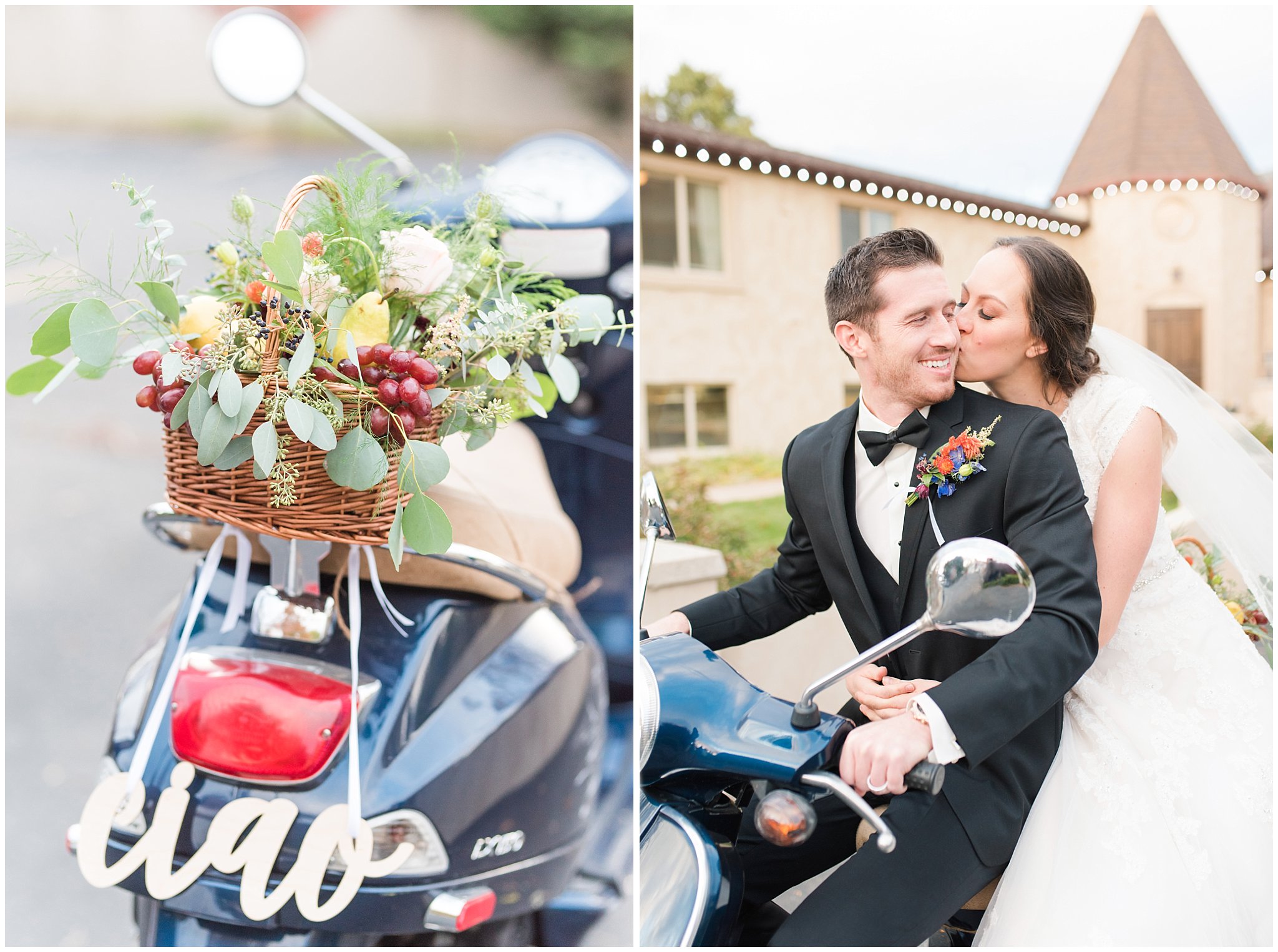 Bride and groom on getaway vespa during Italian inspired wedding at Oak Hills Reception and Event Center| Top Utah Wedding and Couples Photos 2019 | Jessie and Dallin Photography