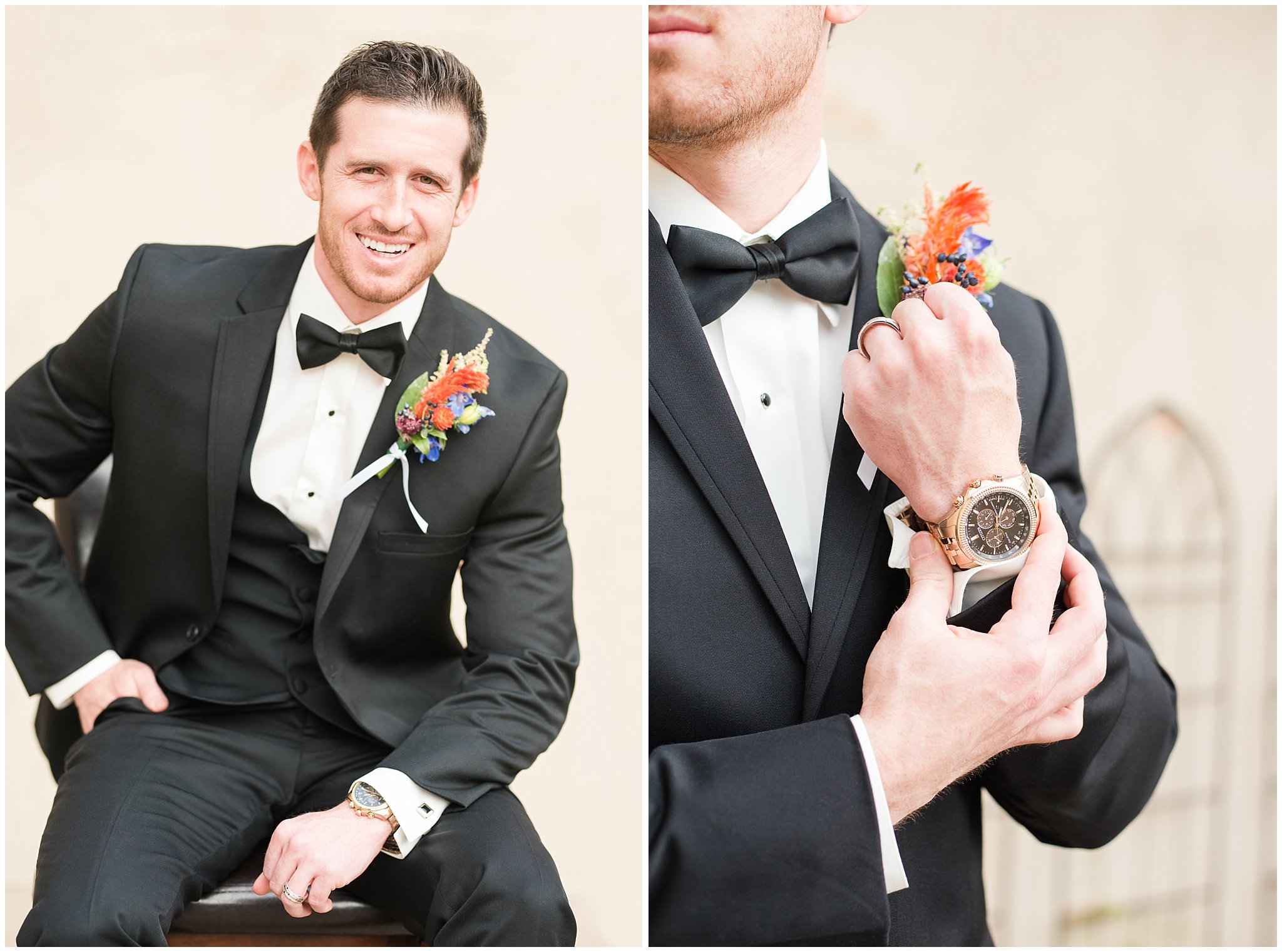 Groom in black tie and suit for portraits before wedding at Oak Hills Reception and Event Center | Top Utah Wedding and Couples Photos 2019 | Jessie and Dallin Photography