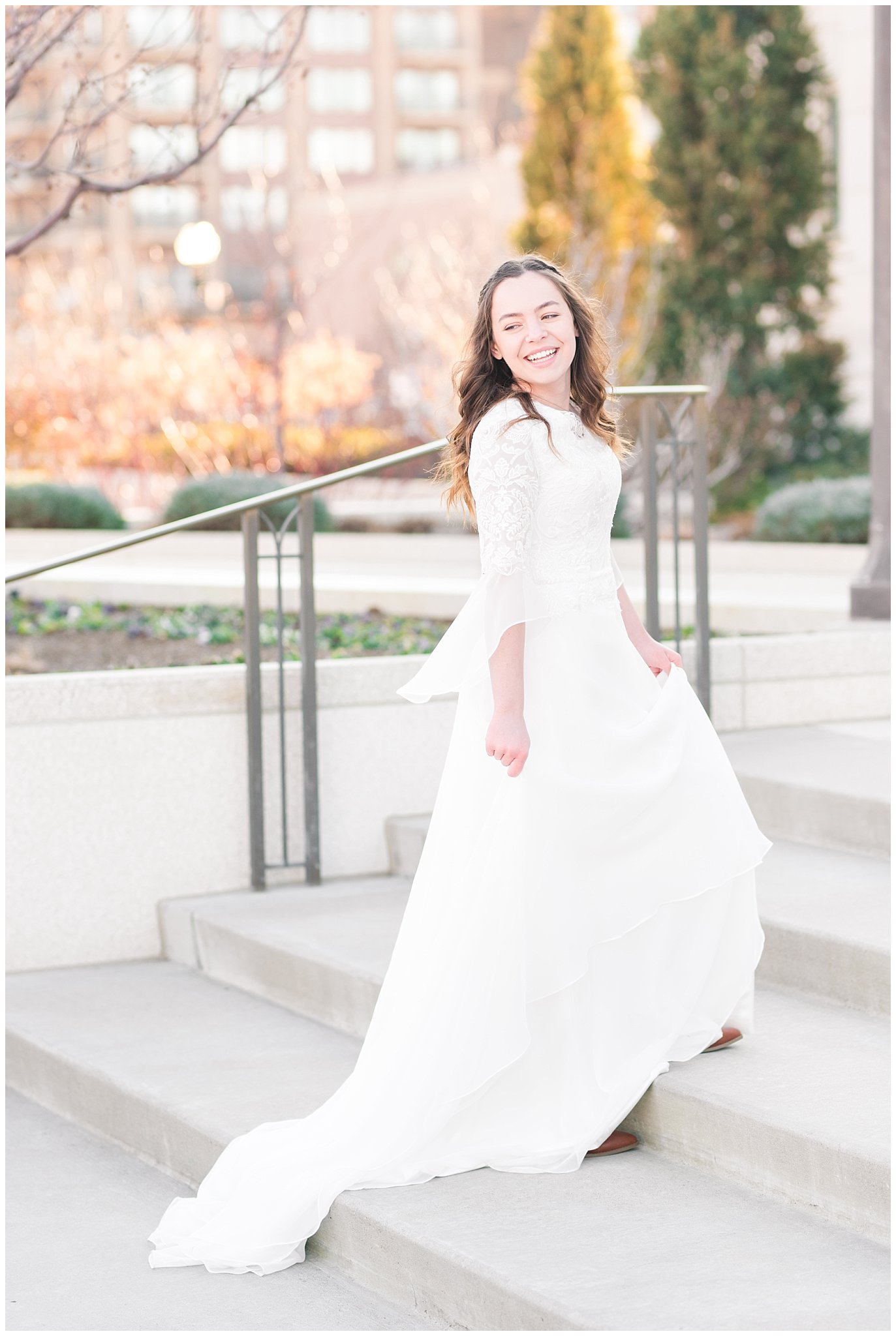 Bride walks up the stairs at the Ogden Temple in an Elizabeth Cooper dress | Top Utah Wedding and Couples Photos 2019 | Jessie and Dallin Photography