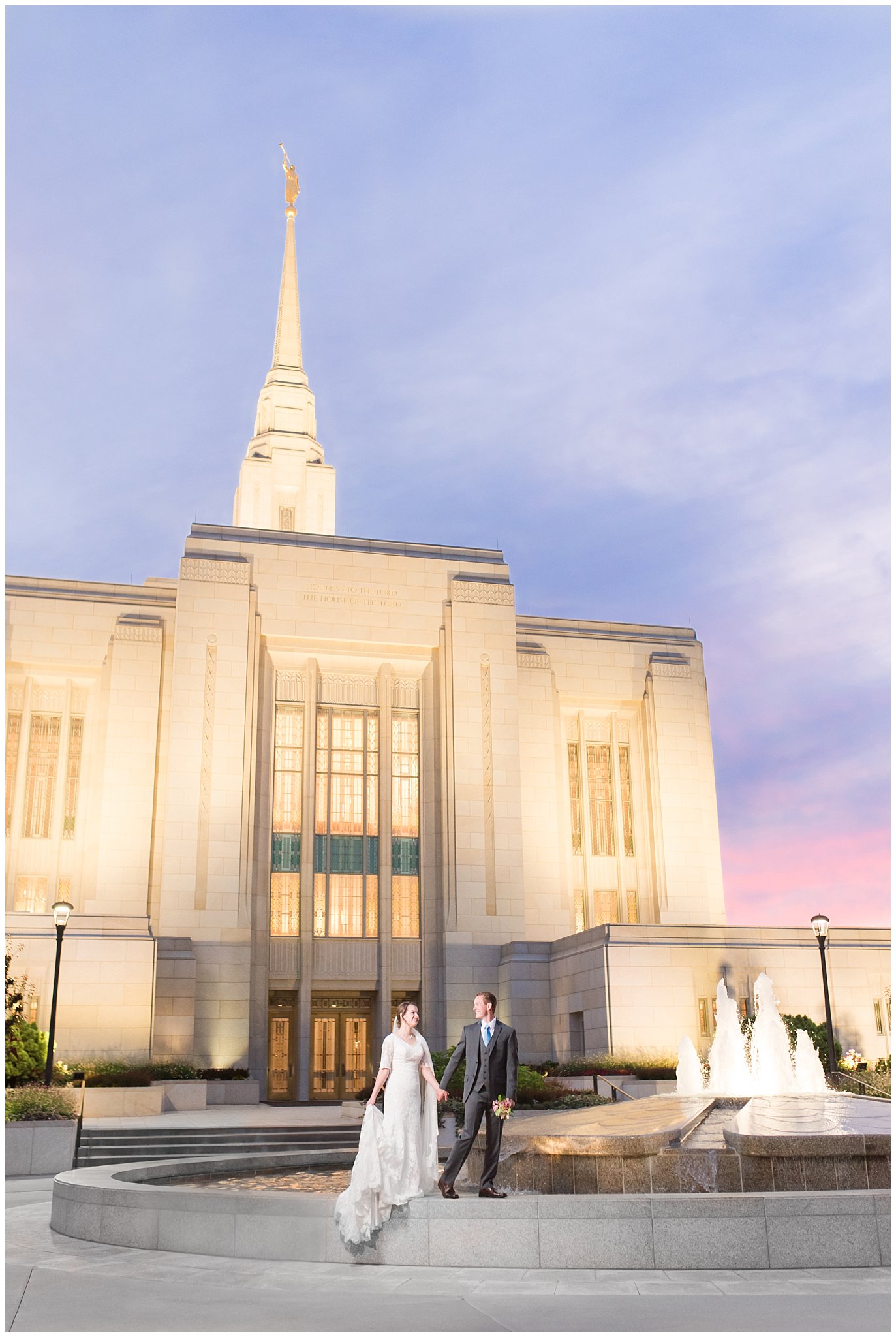 Bride and groom walk along fountain at the Ogden Temple during sunset | Top Utah Wedding and Couples Photos 2019 | Jessie and Dallin Photography