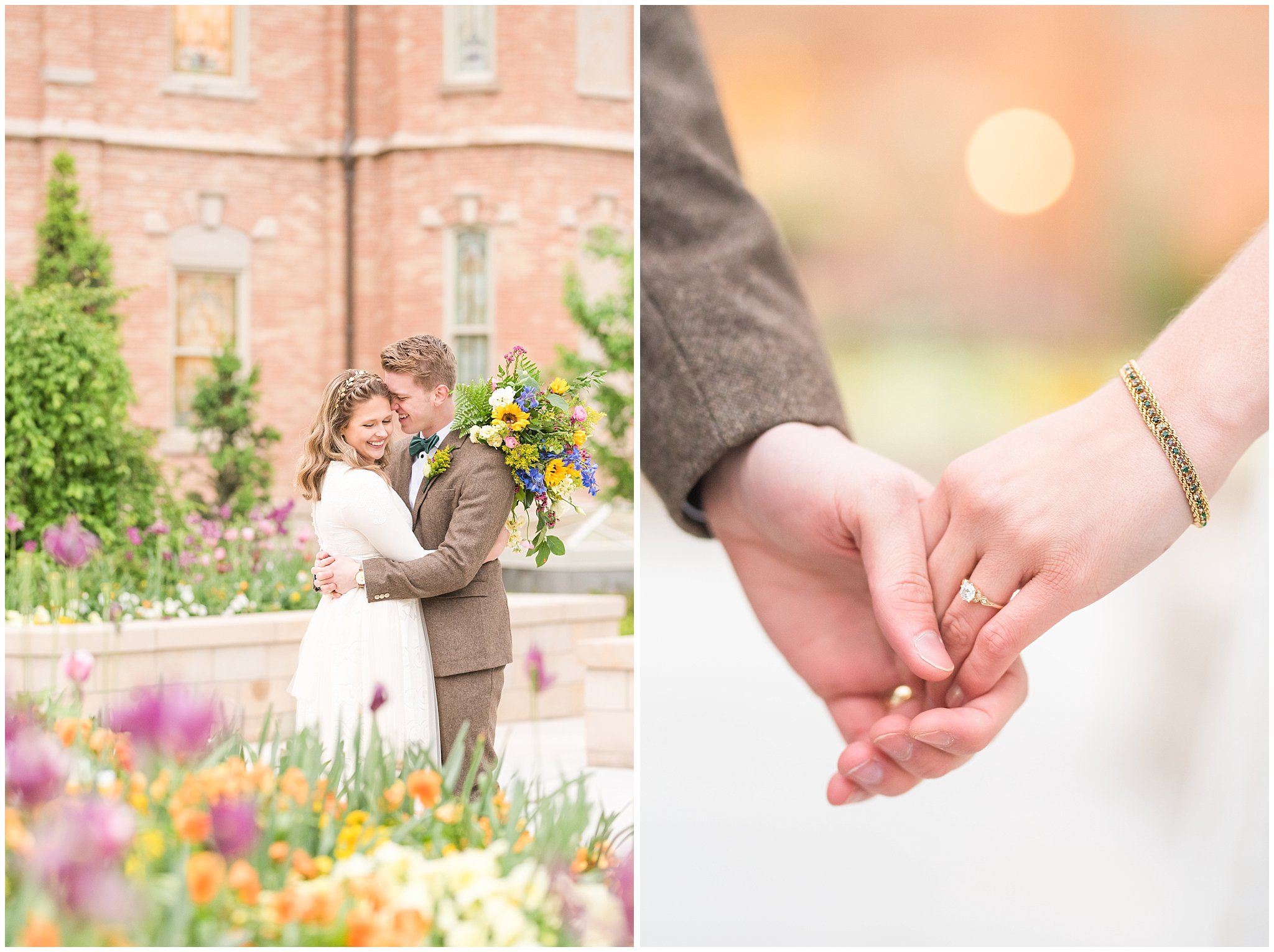 Bride and groom in front of tulips and spring flowers at the Provo City Center Temple | Top Utah Wedding and Couples Photos 2019 | Jessie and Dallin Photography